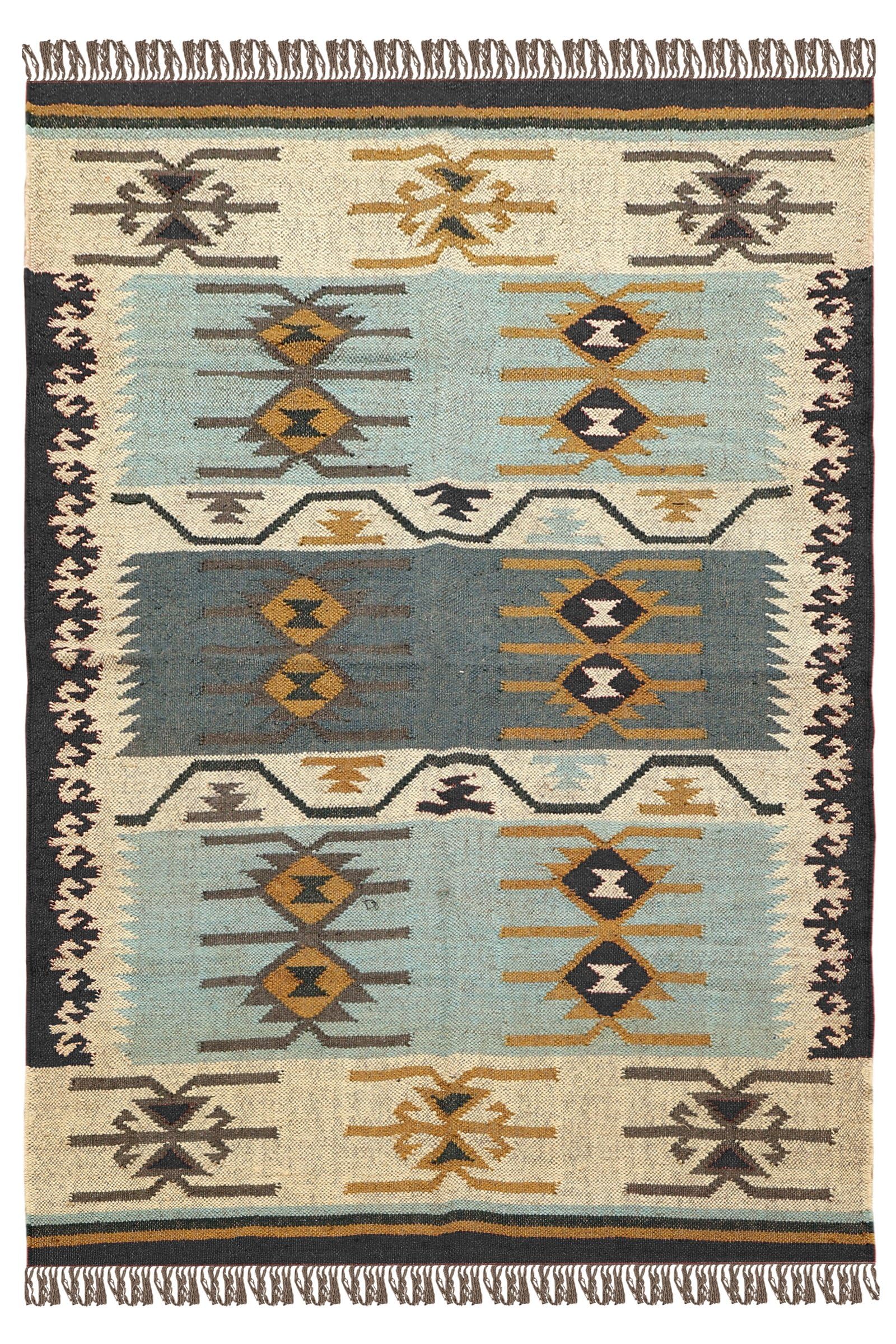 Tapis en laine kilim épais tissage plat avec motif noir géométrique salon