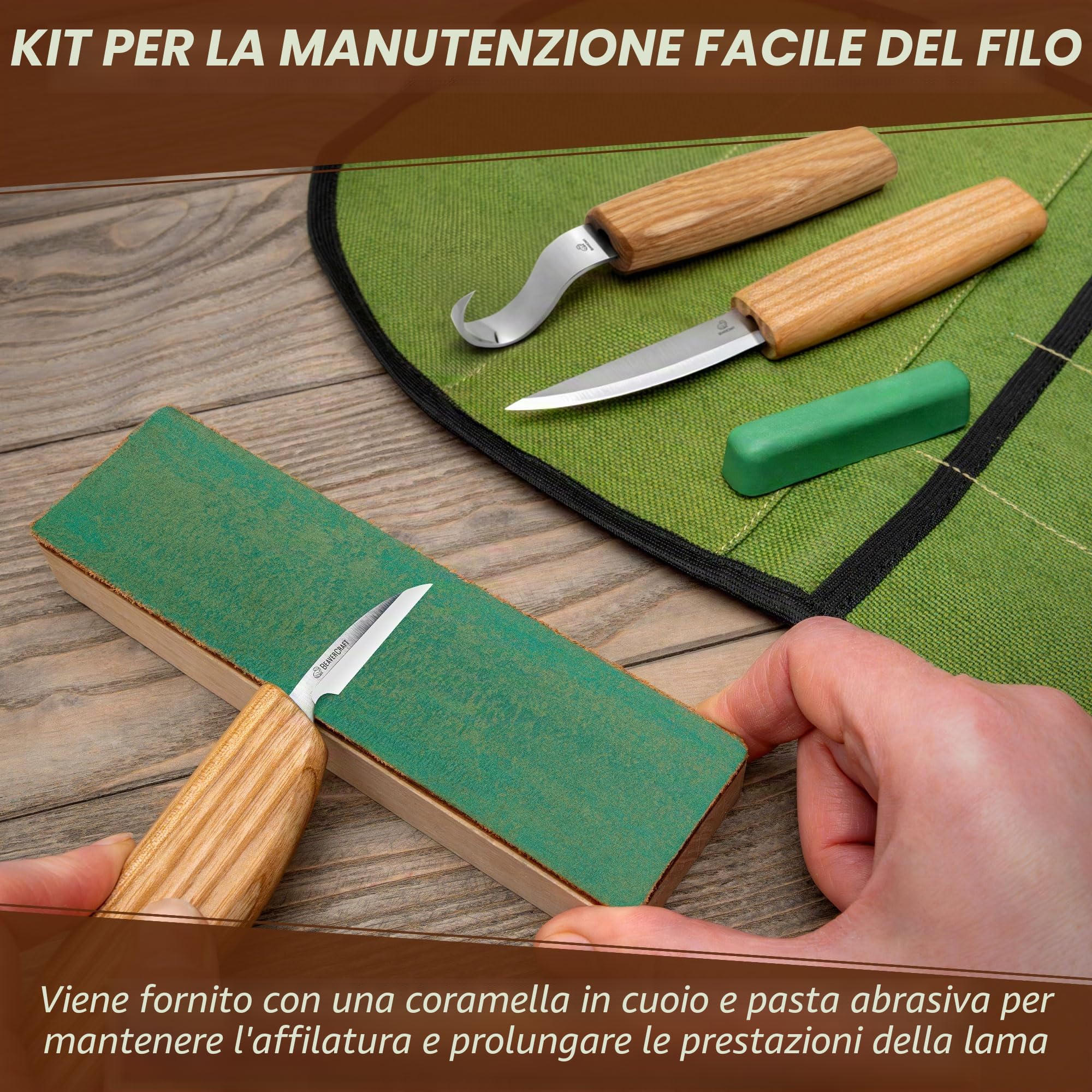 BeaverCraft S13L Set di utensili per intaglio del legno per intaglio di cucchiai Kit per intaglio del legno con 3 coltelli per principianti Uncino Sloyd Coltelli per intagliare cucchiai per mancini