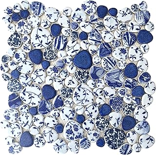 Blujellyfish Blue & White Pebble Tile Porcelain Mosaic Tiles for Art Dec...