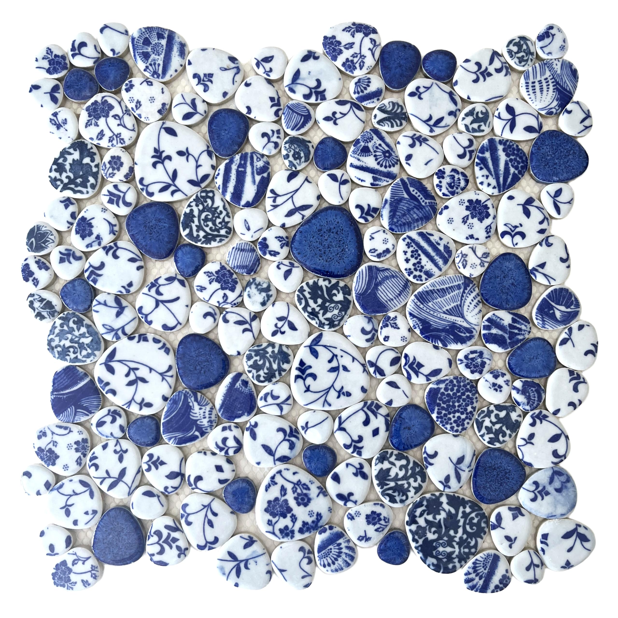 Blujellyfish Blue & White Pebble Tile Porcelain Mosaic Tiles for Art Deco (Pack of 5)