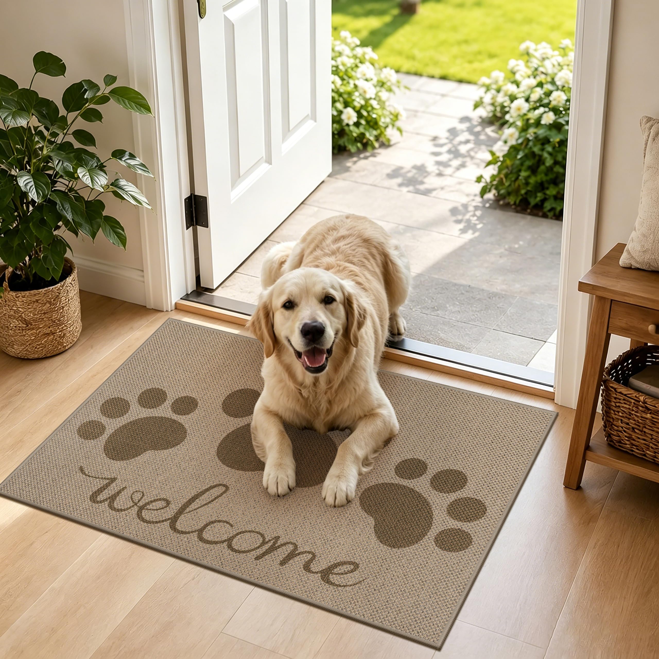 Capslpad Dirt Trapper Door Mat Indoor 50x80cm Non-Slip Machine Washable Entrance Rug Easy Jute Durable Inside Floor Mat for Entryway, Front Back Door Muddy Wet Shoes and Paws, Brown Paw