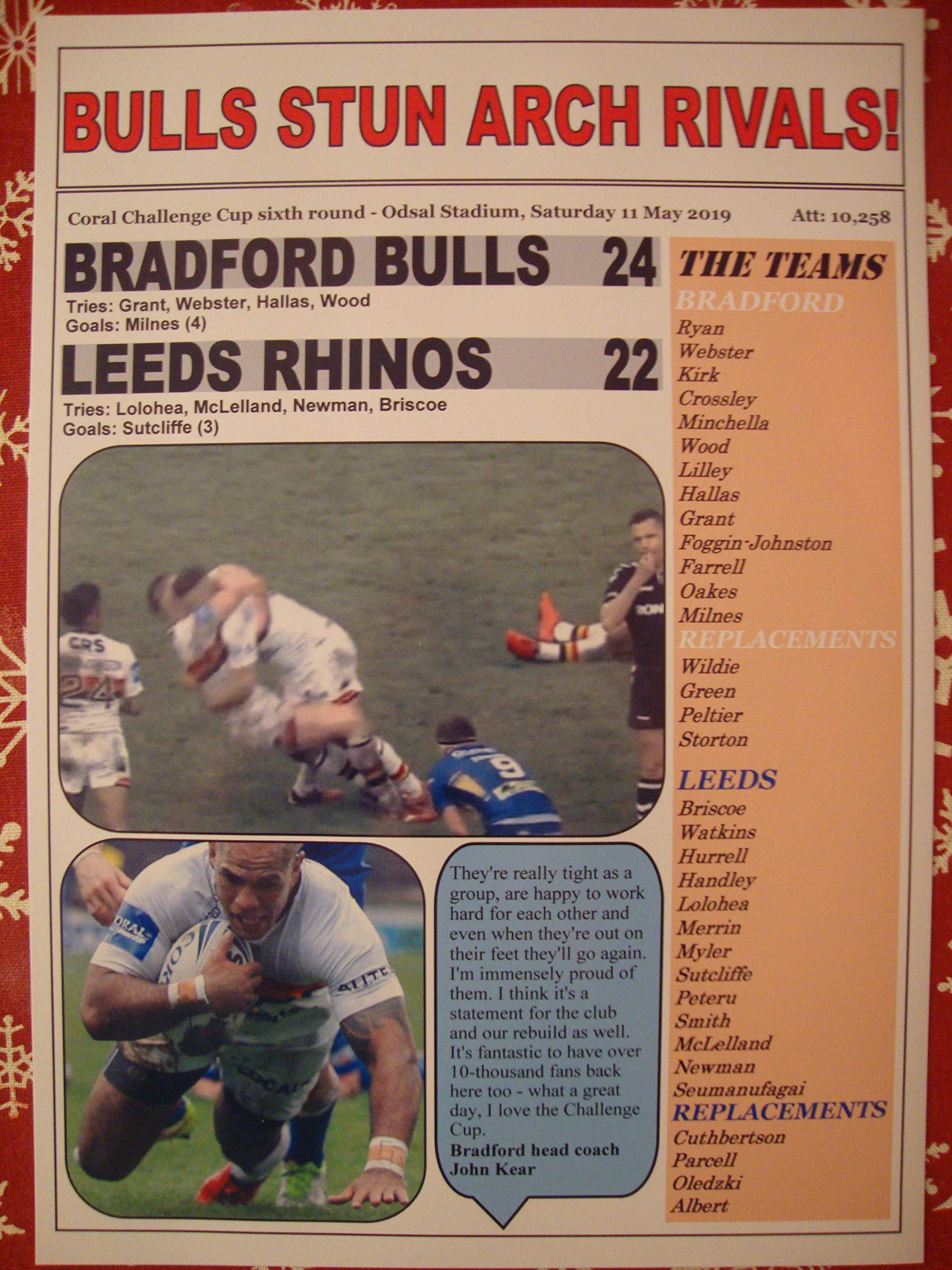 Sports Prints Uk White Bradford Bulls 24 Leeds Rhinos 22-2019 Challenge Cup - Souvenir Print