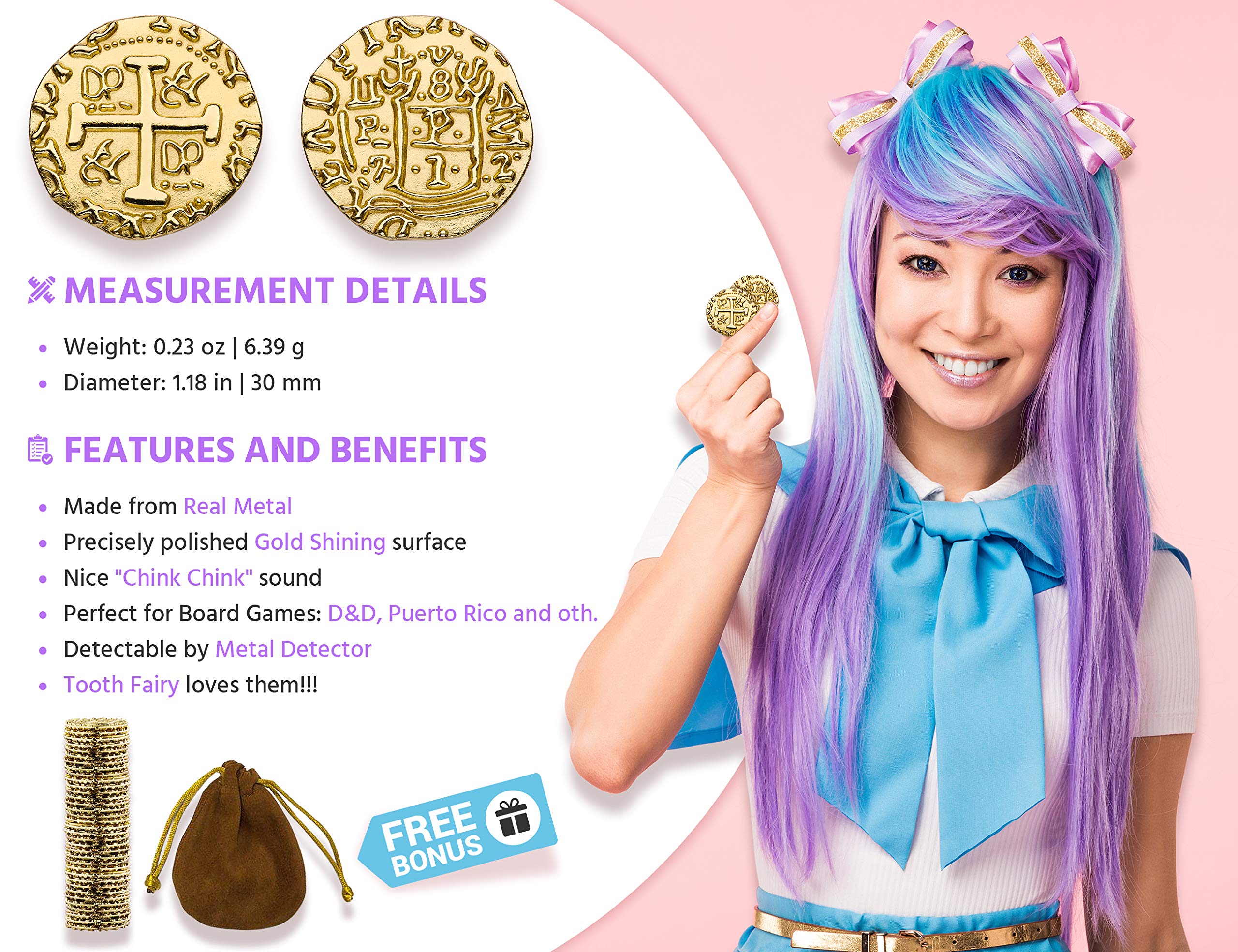 Large Metal Pirate Coins – 35 Gold Treasure Coin Set, Metal Replica Spanish Doubloons for Board Games, Tokens, Toys, Cosplay – Realistic Money Imitation for Treasure Chest - Size 1.18