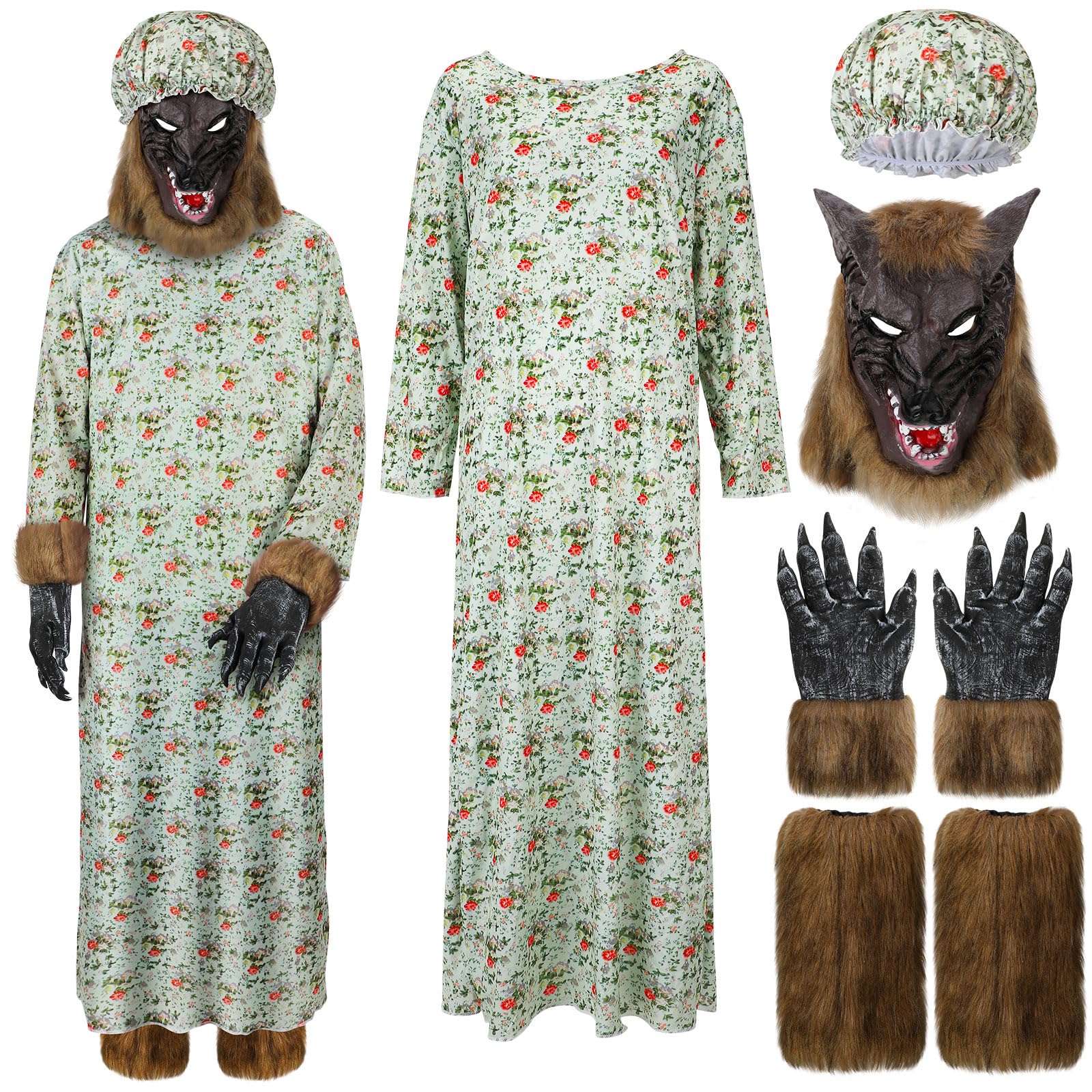 Bonuci Halloween Wolf Granny Costume Adult Cosplay Dress Outfit with Hat Wolf Head Mask Gloves Leg Warmers for Party(Green) — image 1