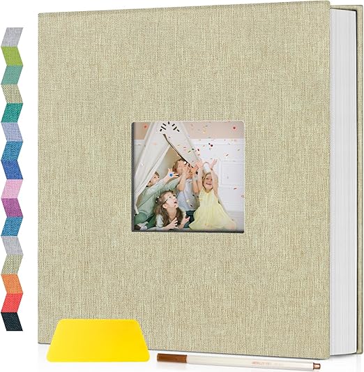popotop Photo Album Self Adhesive with Picture Display Window,40 Pages DIY Scrapbooking Supplies Kit for 4x6 8x10 Picture,Linen Cover Memory Book for Baby Wedding, with Scraper and Metallic Pen