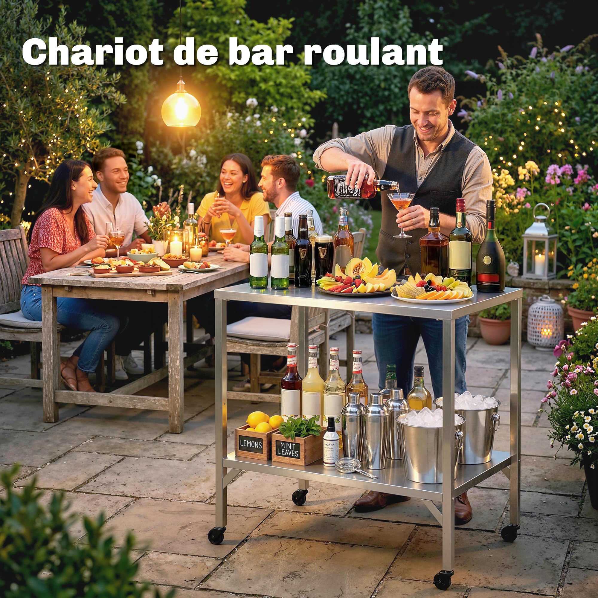 Outsunny Chariot de Barbecue en Acier Inoxydable - Table de Préparation Extérieur de 85x60cm avec Plan de Travail et roulettes - Desserte de Jardin Stable pour Four à Pizza et Grill, Argenté