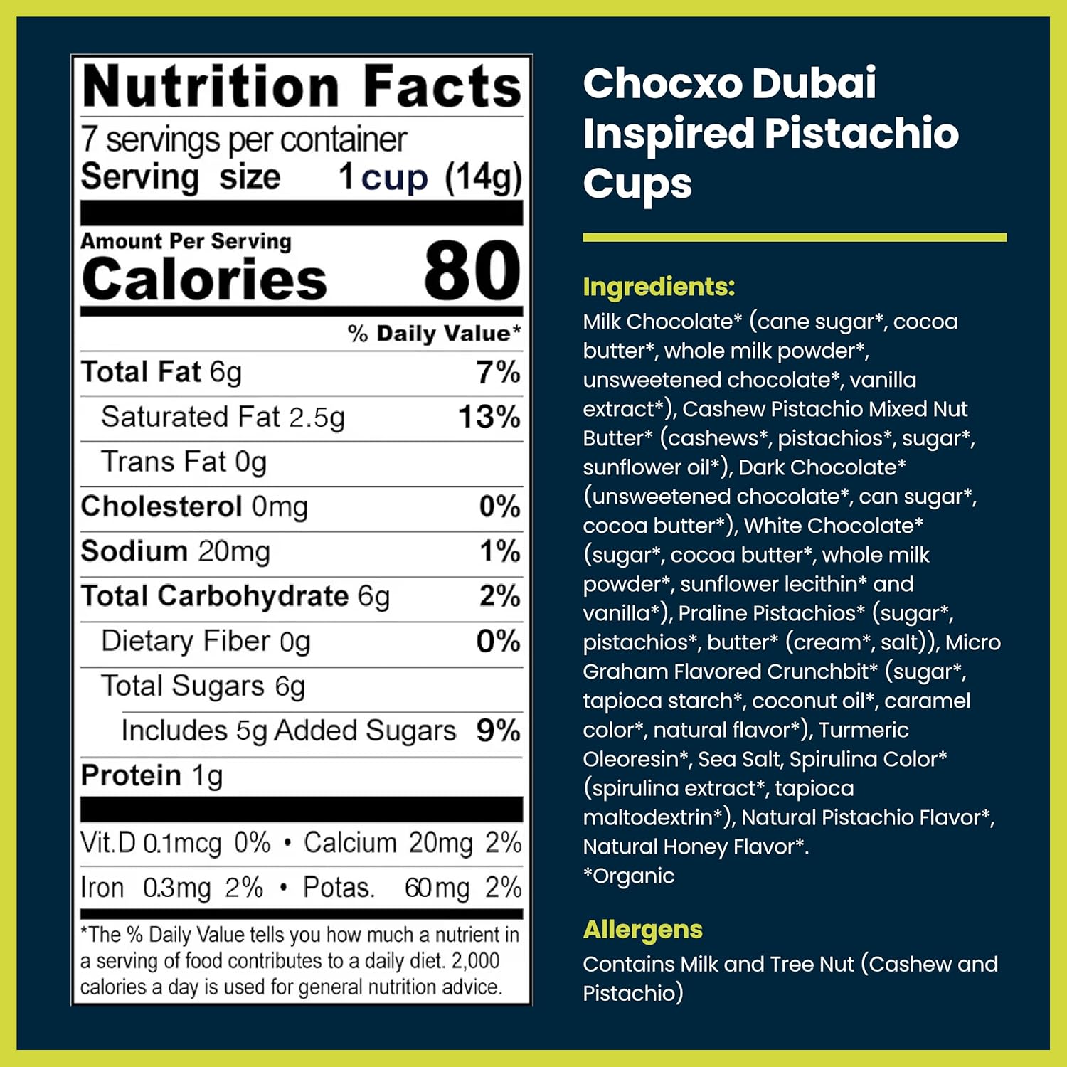 Chocxo Milk Dubai Chocolate Pistachio Cups - Lower Sugar, Organic, NonGMO, Keto, Gluten Free, Kosher. 43% Cacao, No Artificial Sweeteners/Sugar Alcohols, 3.45 oz (Pack of 6)