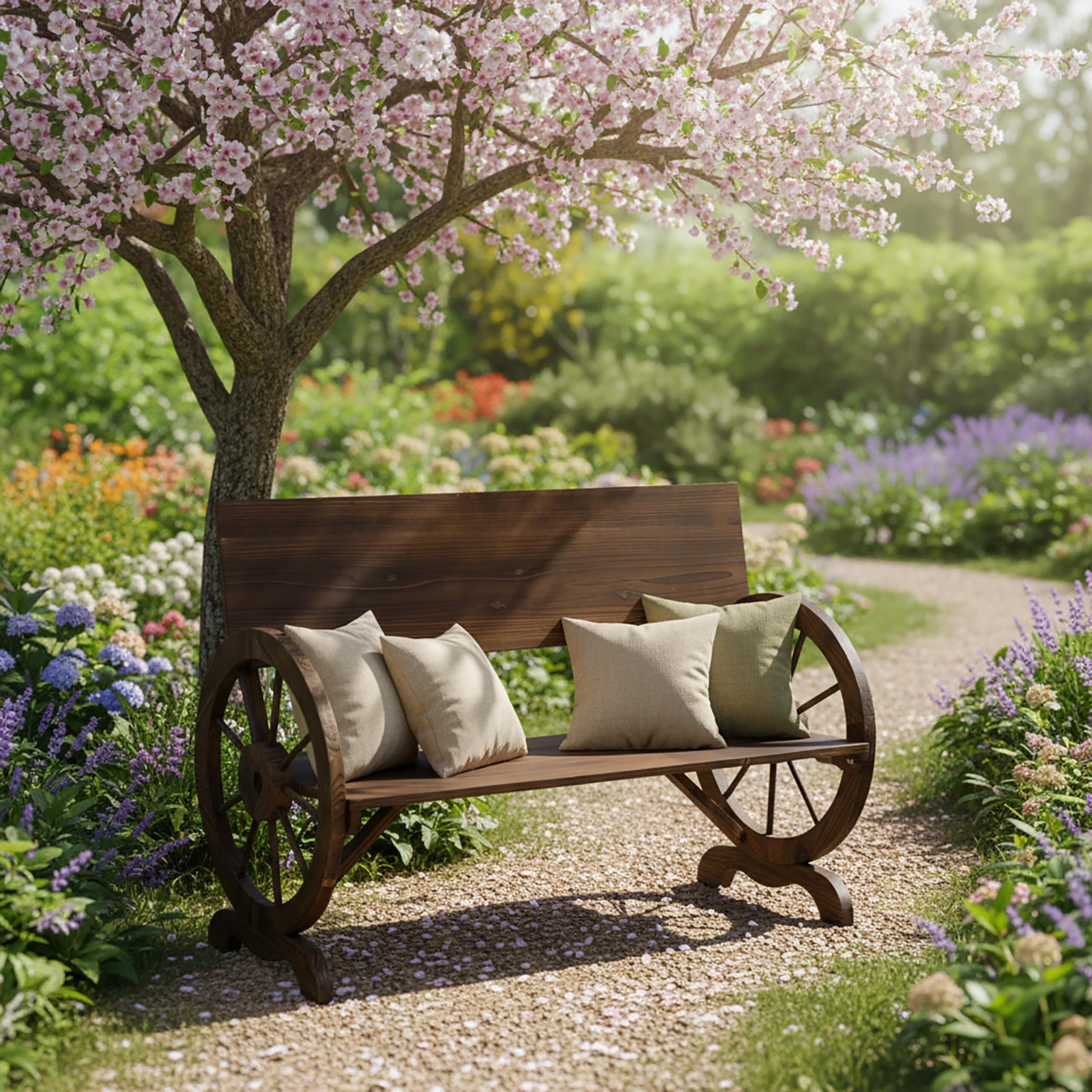 Relaxdays Ławka ogrodowa, rustykalna 2-osobowa z podłokietnikami na koła wozu, 80 x 114 x 58 cm, brązowa