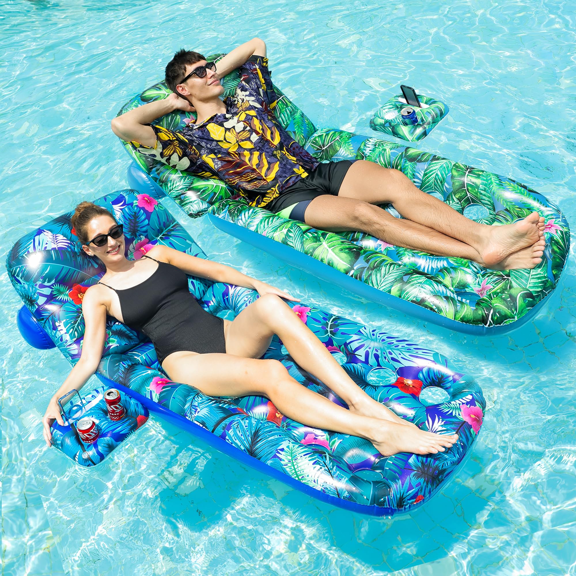 FindUWill Pool Floats Chairs Adult - 65'' x 42'' Large Pool Float Chairs, Inflatable Pool Lounger with Cup Phone Holder, Backrest, Footrest, Tanning Pool Lounge