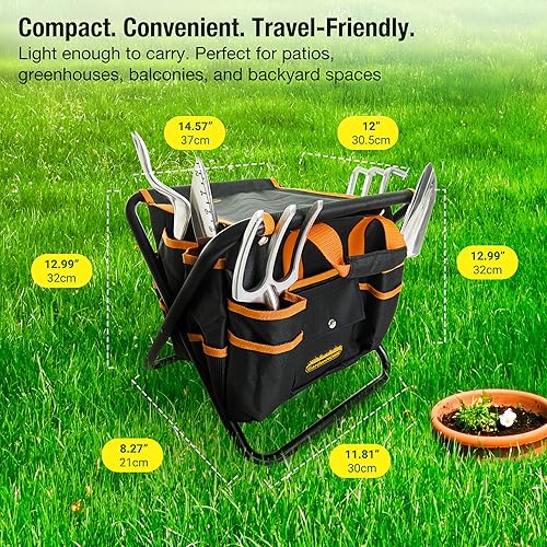 Miniatura 6 de Juego de herramientas de jardín, 7 piezas de herramientas de jardinería con taburete plegable resistente y bolsa de herramientas de jardín