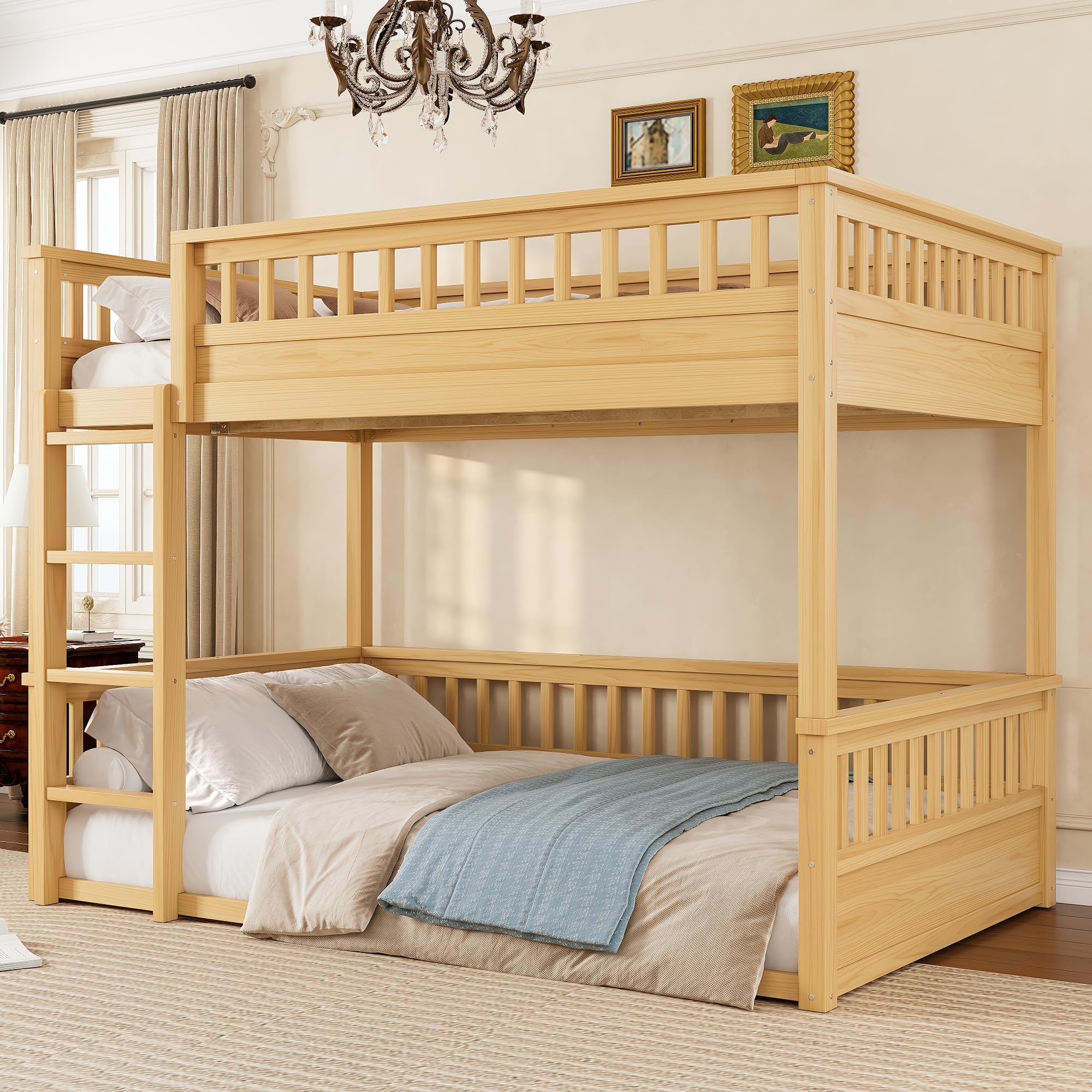 Bellemave Full Over Full Bunk Bed for Kids/Adults,Floor Bunk Beds with Inclined Ladder,Solid Wood Low Bunk Bed for Teens,Girls,Boys,Detachable,Natural