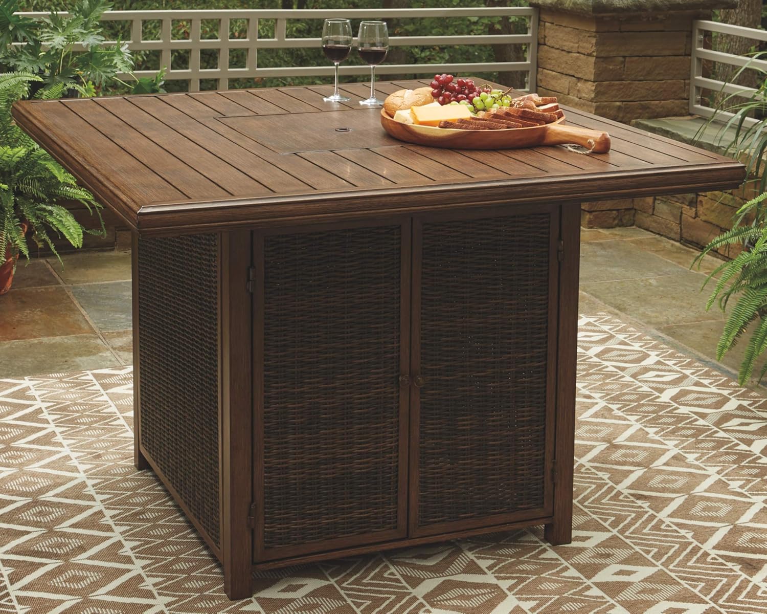 Signature Design by Ashley Paradise Trail Square Bar Table with Fire Pit, Medium Brown & Paradise Trail Outdoor 27.5" Wicker Patio Barstool, 2 Count, Brown : Everything Else