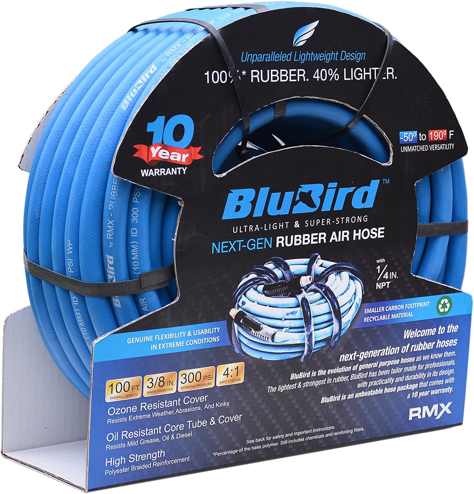 BLUBIRDBB38100 3/8" x 100' Rubber Air Hose, 100% Rubber, Lightest, Strongest, Most Flexible, 300 PSI, 50F to 190F Degrees, Ozone Resistant, High Strength Polyester Braided