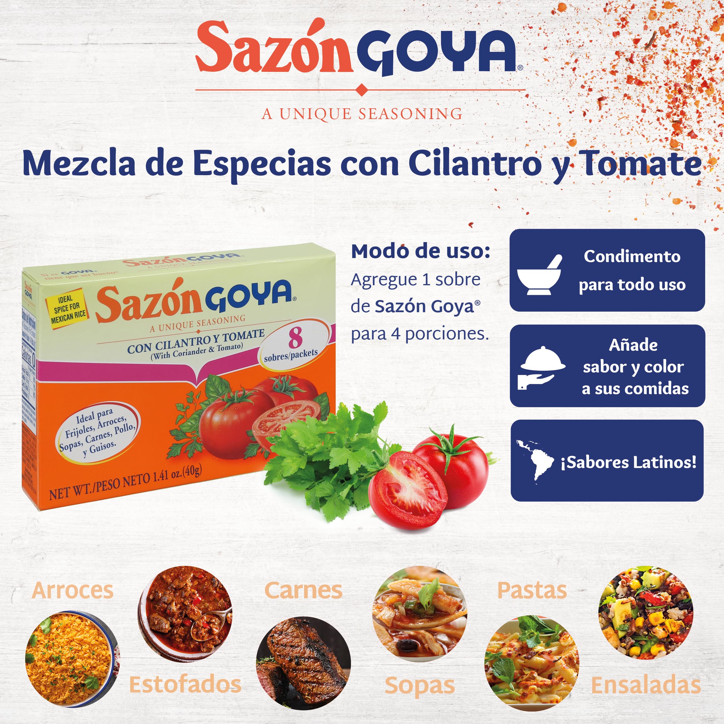 Sazón with Cilantro and Tomato by Goya, Latin Spice Blend for Poultry, Seafood, Meat and Vegetables, All Purpose Mexican Seasoning 1.41oz Carton