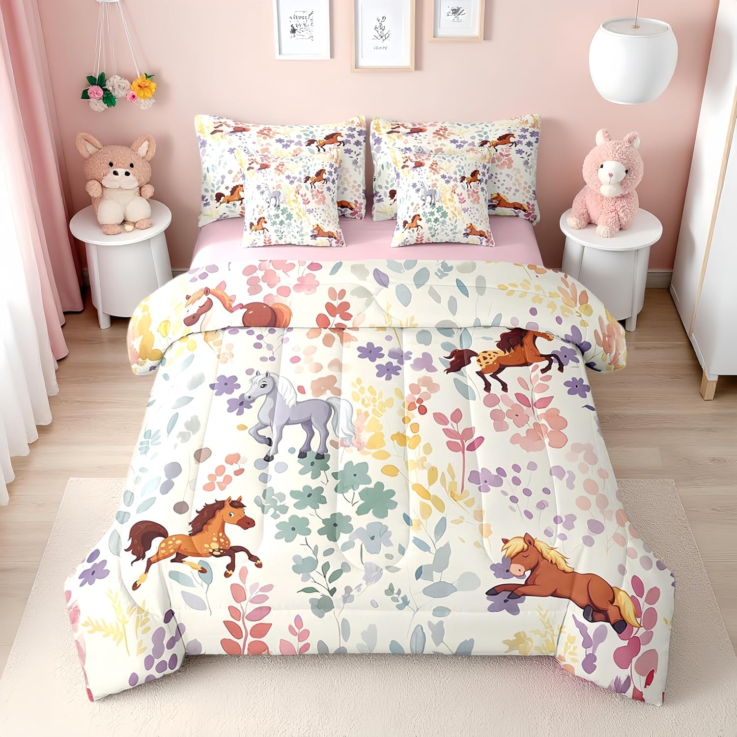 Erosebridal 7Pcs Flower Horse Twin Bedding Set with Sheets,Farmhouse Animal Bed Set for Kids Girls Boys,Watercolor Wildflower Bed Comforter Set with Fitted Sheet,Flat Sheet,Pillowcases