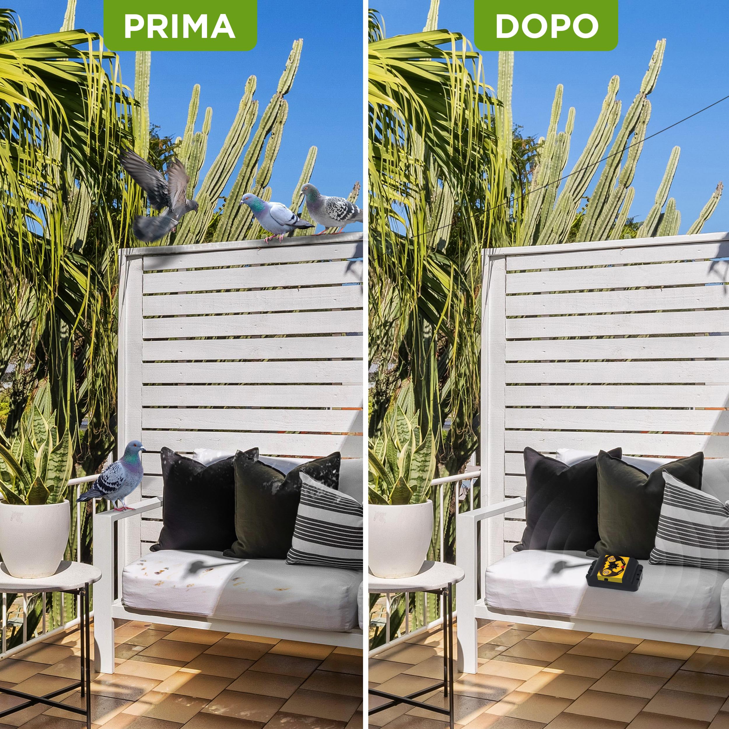 ISOTRONIC dissuasore uccelli luce lampeggiante ultrasuoni batteria piccioni balconi giardini raggio 40m² 2 unità efficace esterno protezione difesa stop volatili ecologico mobile sicurezza casa
