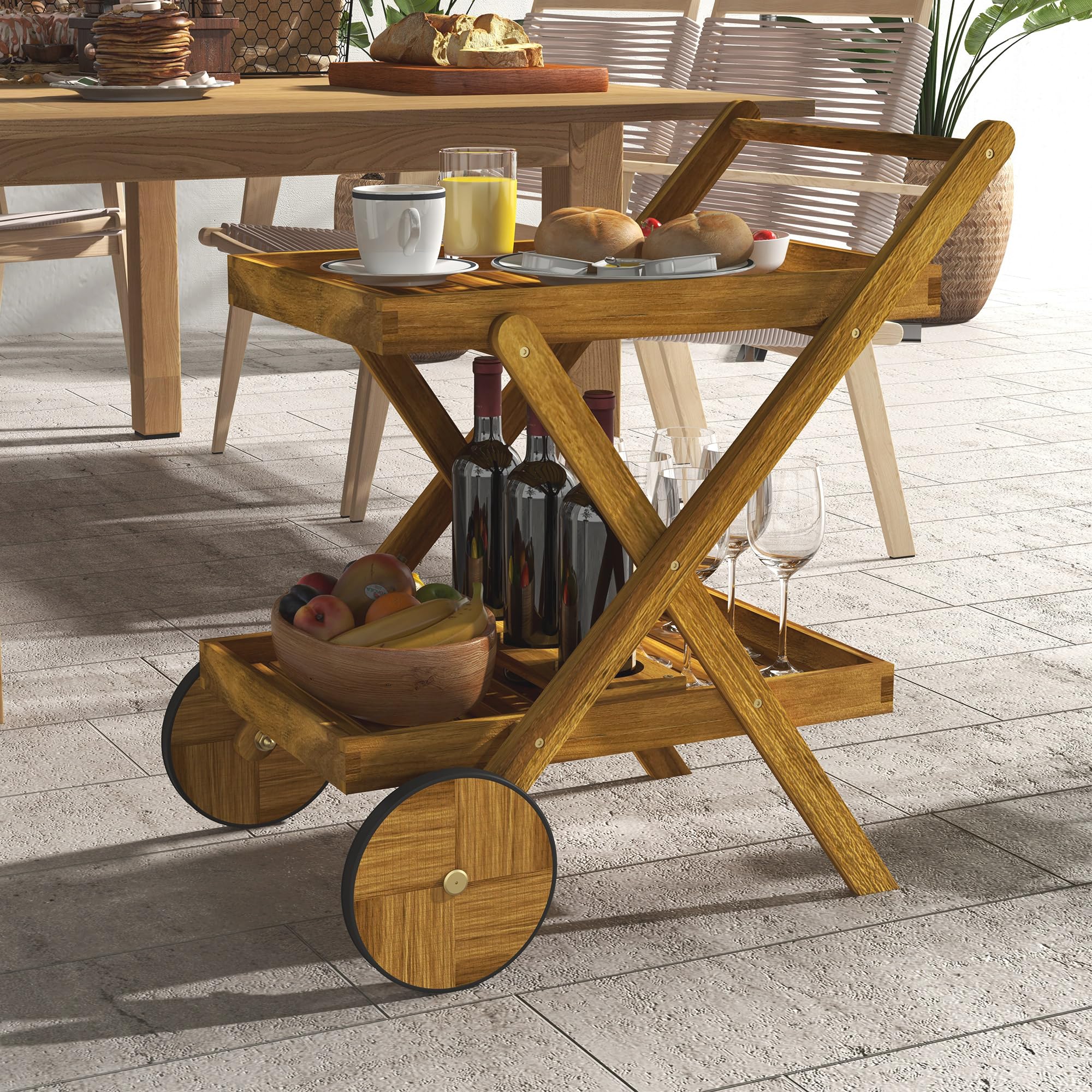 Outsunny Desserte de Jardin Chariot pour Barbecue en Bois avec 2 Plateaux, 3 casiers à Bouteilles et 2 Roues 52L x 71l x 74H cm Bois Naturel