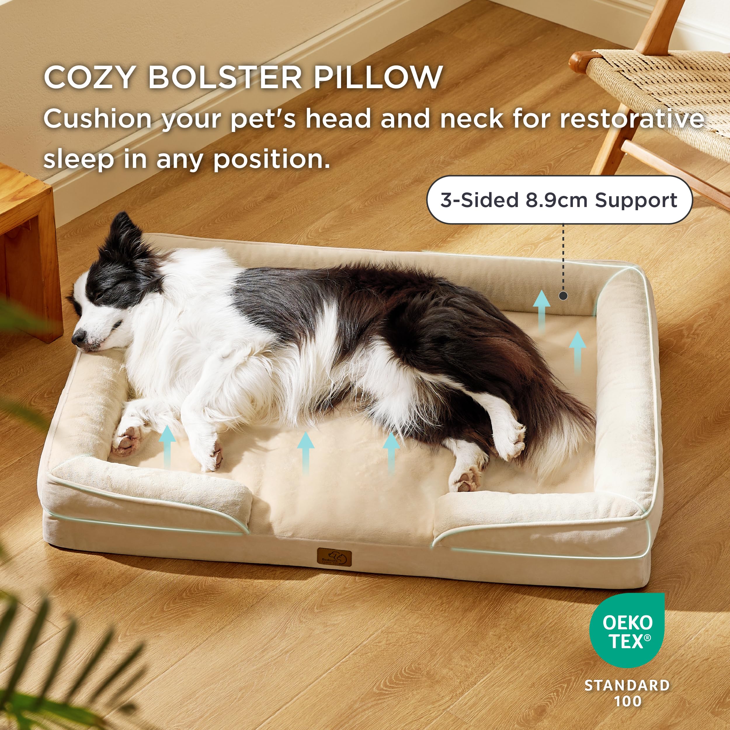 Bedsure, Letto/divano ortopedico per cani, grande, lavabile, sfoderabile, con rivestimento in flanella dotato di cerniera, cachi, 89 x 63 x 16 cm