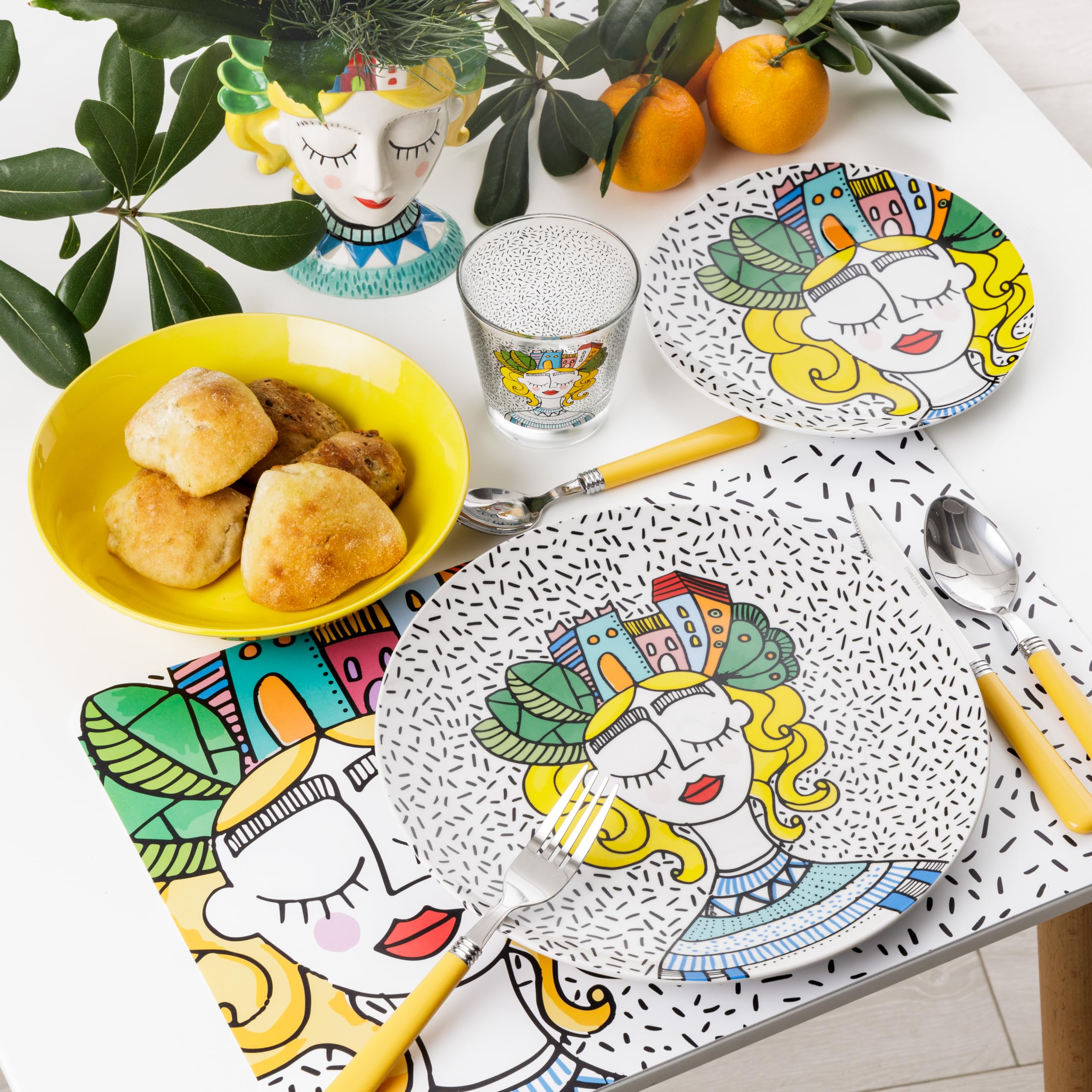 Baroni Home Juego de 18 Platos de porcelana y gres, Vajilla para 6 personas, Set Completo, Conjunto de Platos planos, hondos y platillos para postre (Fantasia City Girl)