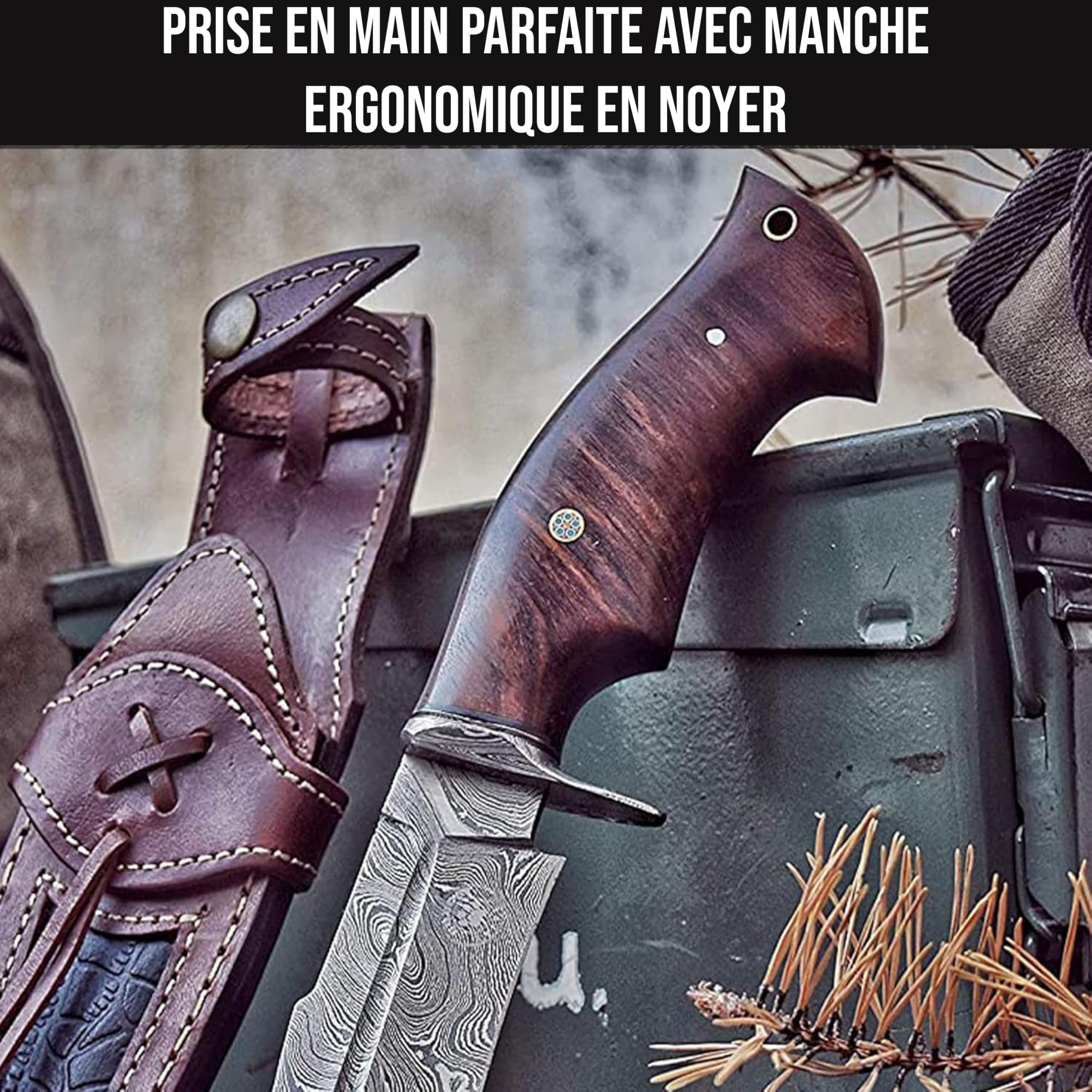 BIGCAT ROAR Beast - Couteau Artisanal en Acier Damas 25,4 cm - Manche Bois de Noyer et Étui Cuir Véritable - Camping - Cadeau Aventurier ou Collectionneur