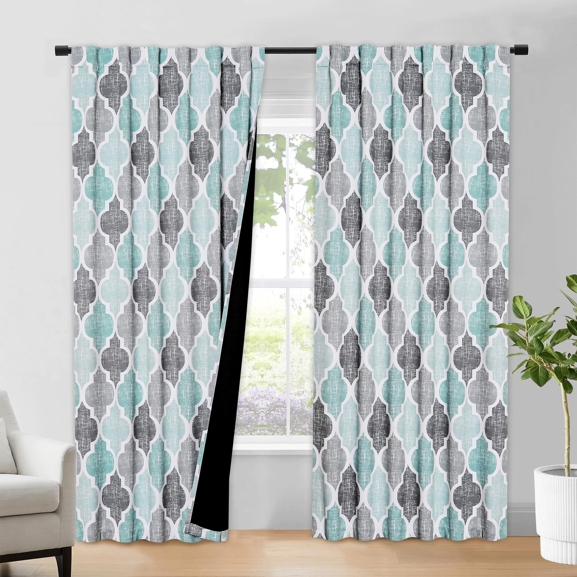 Beauoop 100% Blackout Curtains 96 Inches Long 2 Panels for Bedroom Living Room Aqua Grey Moroccan Geo Room Darkening Thermal Insulated Soundproof Rod