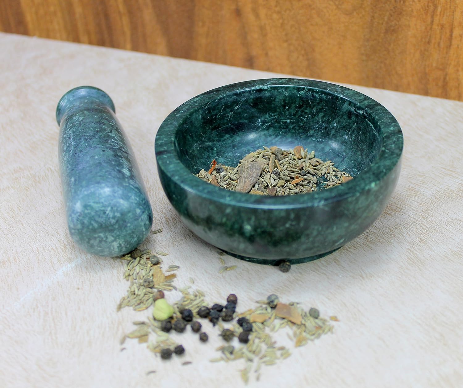4 Diameter Natural Stone Mortar and Pestle Set as Spice Grinder, Medicine Masher - Okhli and Musal (Green Shallow)