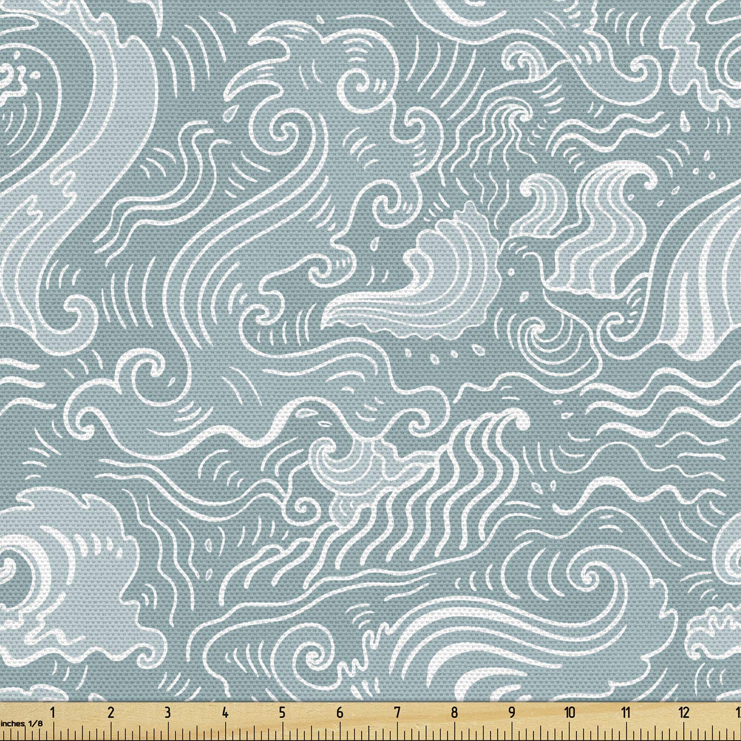 Ambesonne Abstract Fabric by The Yard, Funky Sea Waves Print Drawn by Hand Seascape Demonstration, Decorative Fabric for Upholstery and Home Accents, Teal Blue