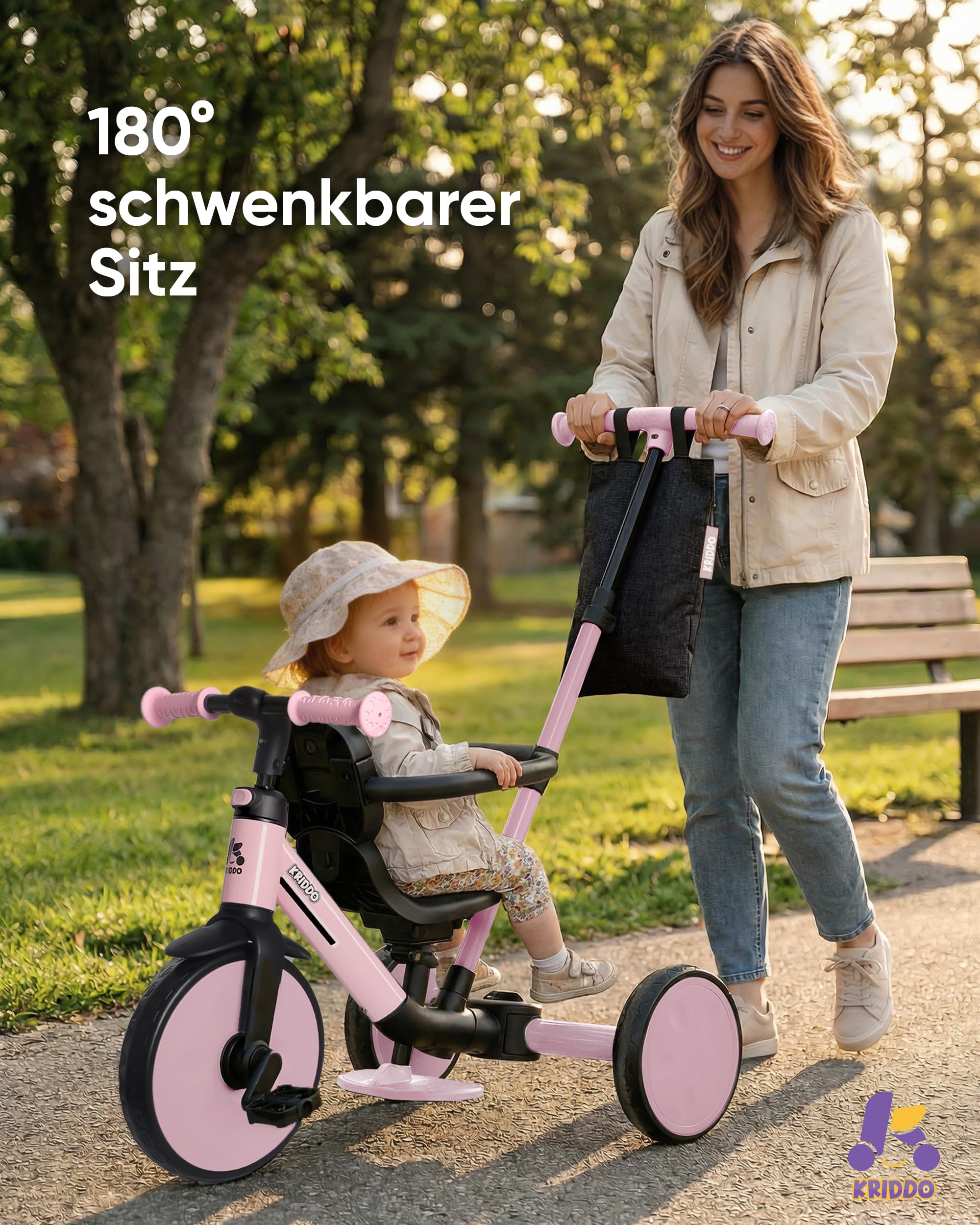 KRIDDO 7-in-1 Kinderdreirad für 1,5–5 Jahre, umwandelbares Baby-Dreirad mit Schubstange, Lenkdreirad & Laufrad, 3-Punkt-Gurt und Aufbewahrungstasche, für Jungen und Mädchen, Rosa