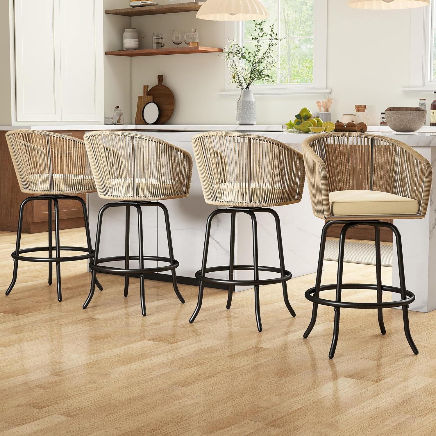 YITAHOME Counter Height Bar Stools Set of 4, Outdoor Bar Stools with Soft Cushions, Patio Rattan Swivel Bar Chairs for Backyard Poolside, Garden w /360 Rotation (Beige)