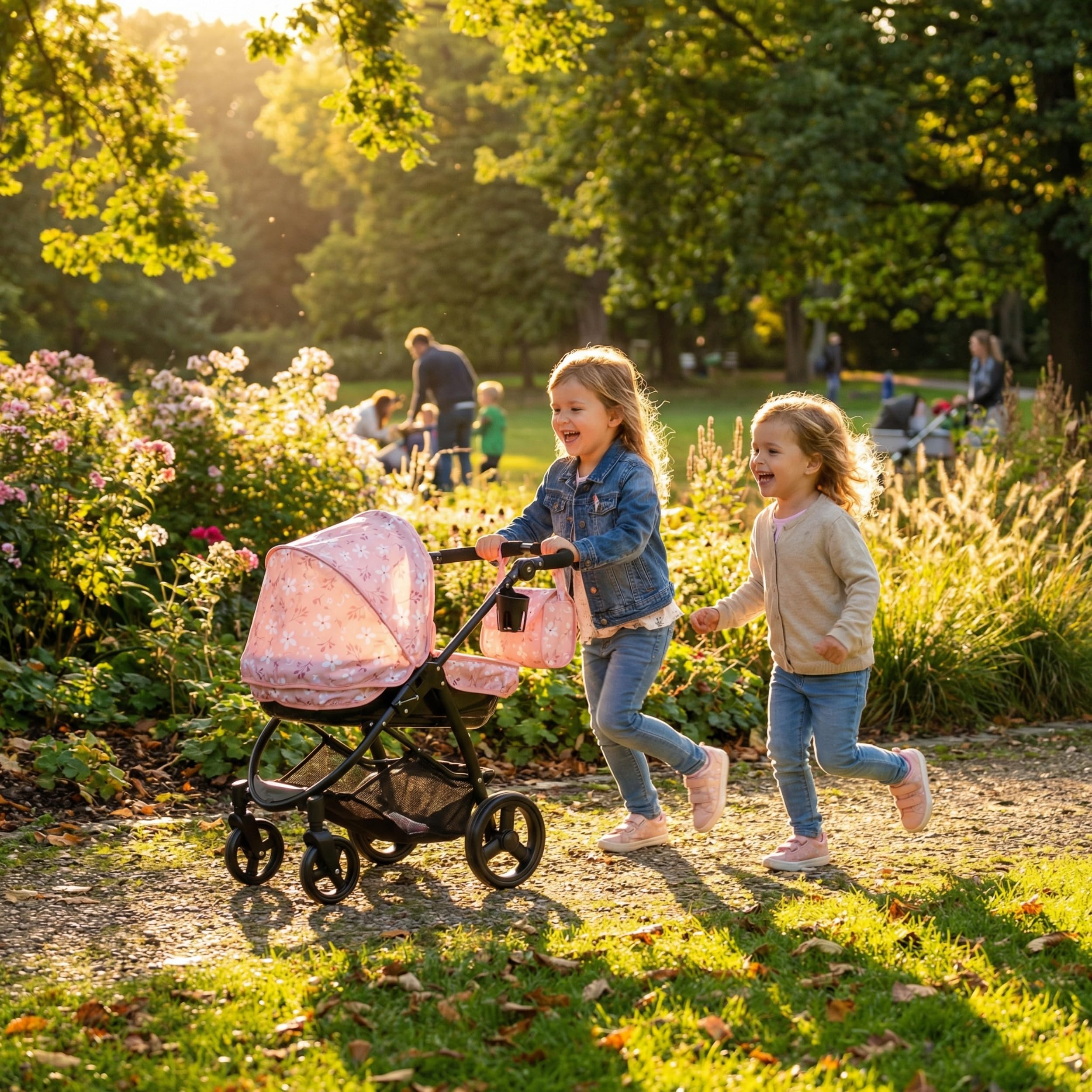 MOLTO – 2-in-1-Puppenwagen Bella mit Abnehmbarer Babywanne und verstellbarem Schiebegriff, Spielzeugwagen mit Verdeck, Wickeltasche und Korb, für Puppen bis 53 cm, ab 3 Jahren