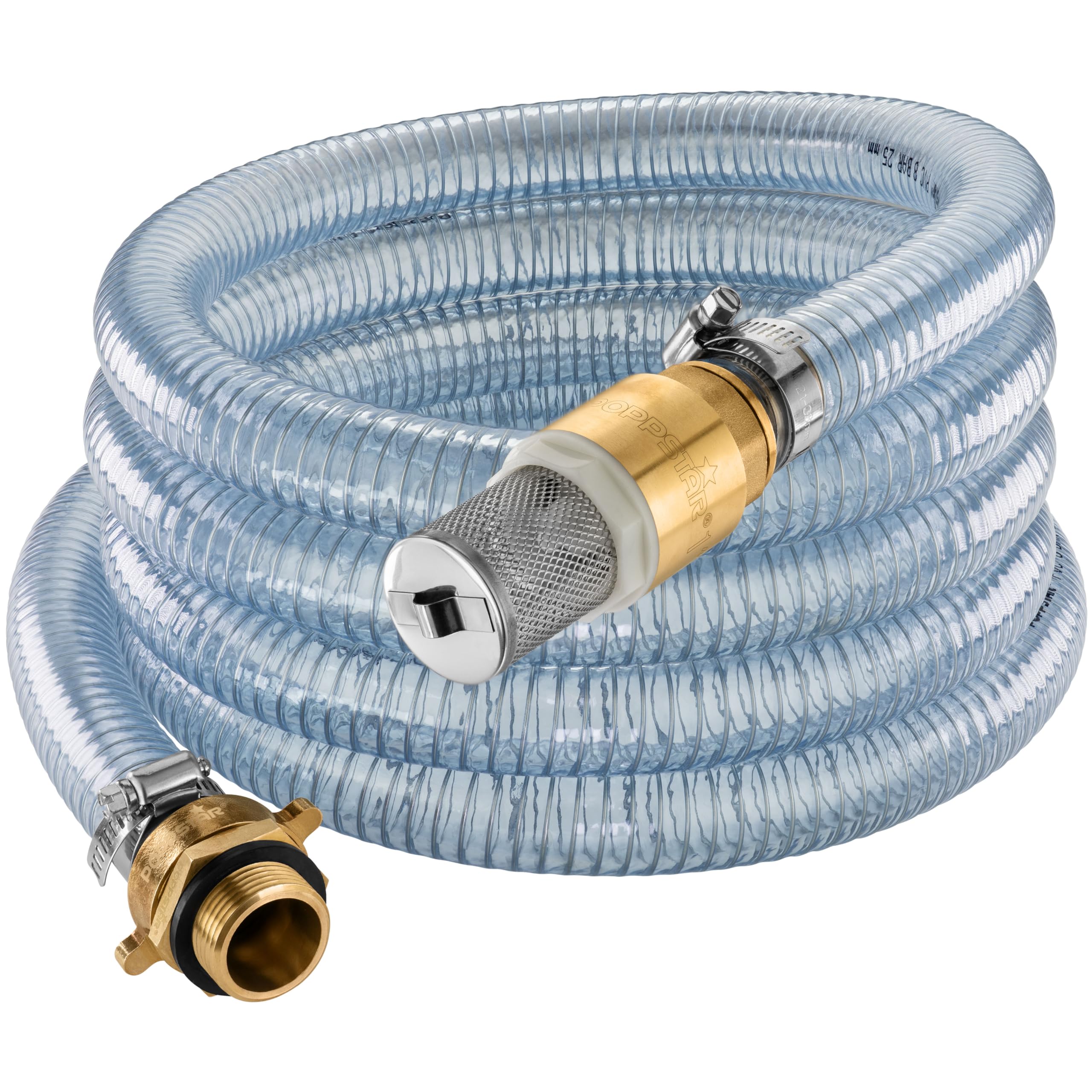 Poppstar Tuyau d'aspiration 1 pouce 4 m (DI 25 / DE 33 mm, Paroi 4 mm), crépine inox clapet anti-retour, écrou-raccord DI 1 1/4" (41,9 mm), réducteur DE 1" (33,3 mm)