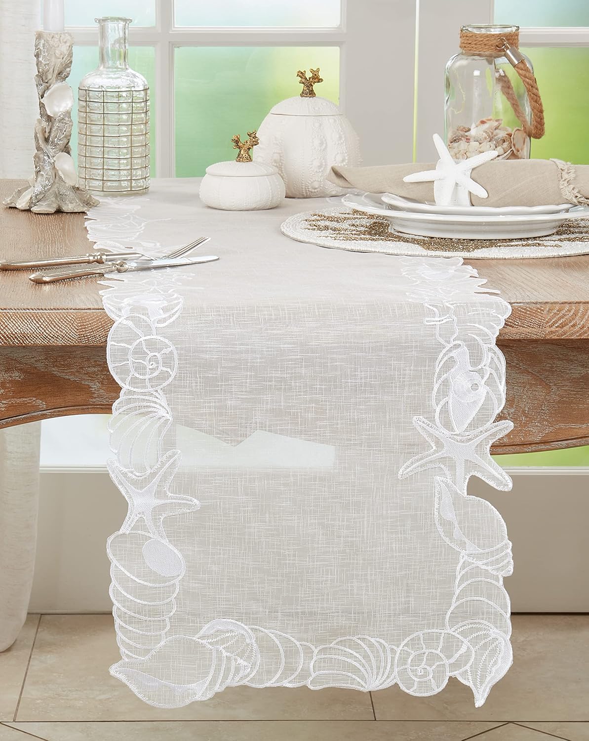 White Embroidered Seashells Polyester Table Runner, 14" x 72"