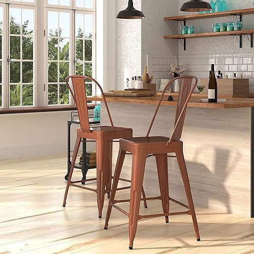 Merrick Lane Stella - Taburete de 24 pulgadas para interiores y exteriores, taburete de metal con acabado verde menta, respaldo de listones