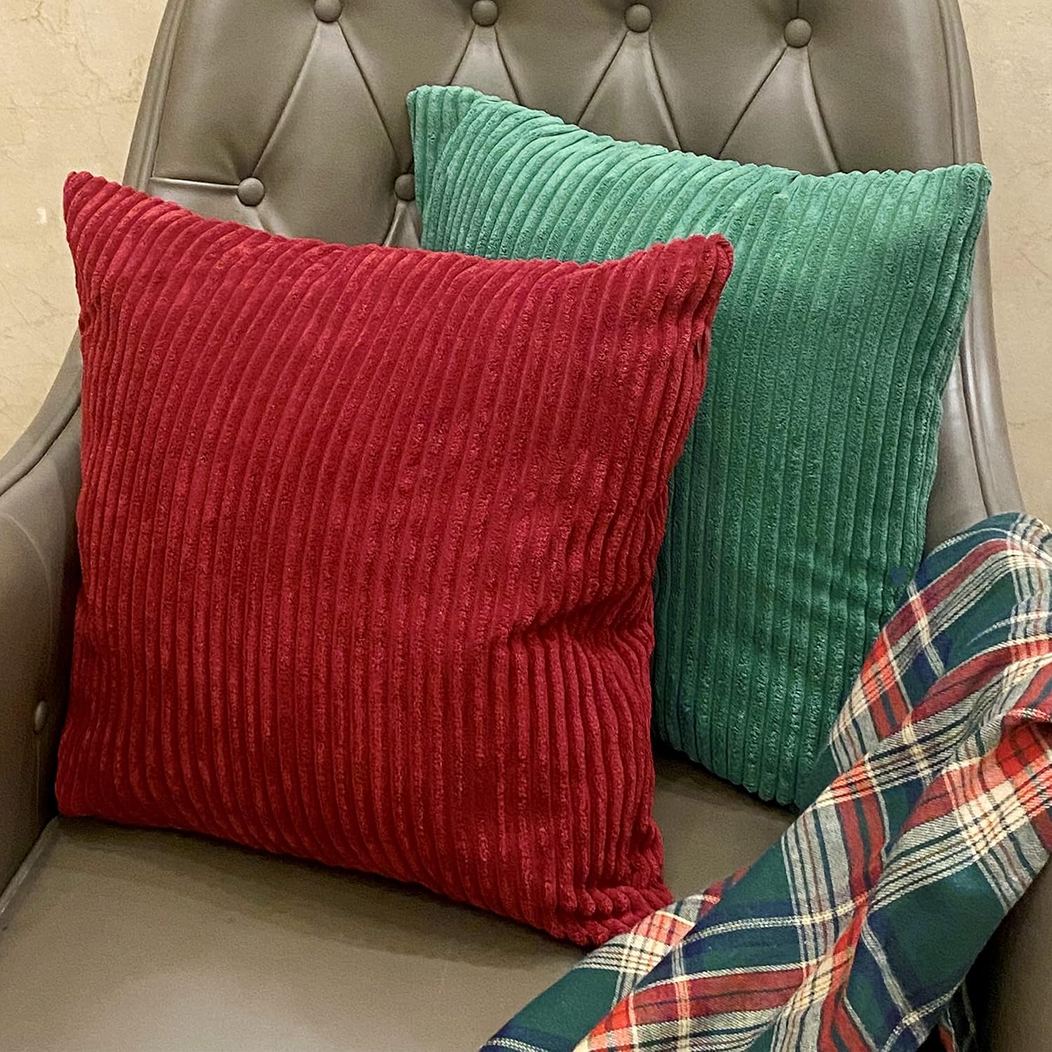 Christmas Red Green Decorative Throw Pillow Covers Pack of 2 Corduroy Square Cushion Case Pillow Cases Set for Couch Sofa Bedroom Car Living Room 18 x 18 Inch image 2