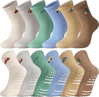 6 Pairs Baby Non Slip Socks Cotton Crew Grip Socks for Infant Newborn Children Age 1-3 Years