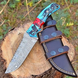 10 Inches Handmade Damascus Steel Knife With Leather Sheath Full Tang Hunting Skinner Fixed Blade knife Resin Handle HR-128 - BG Knives