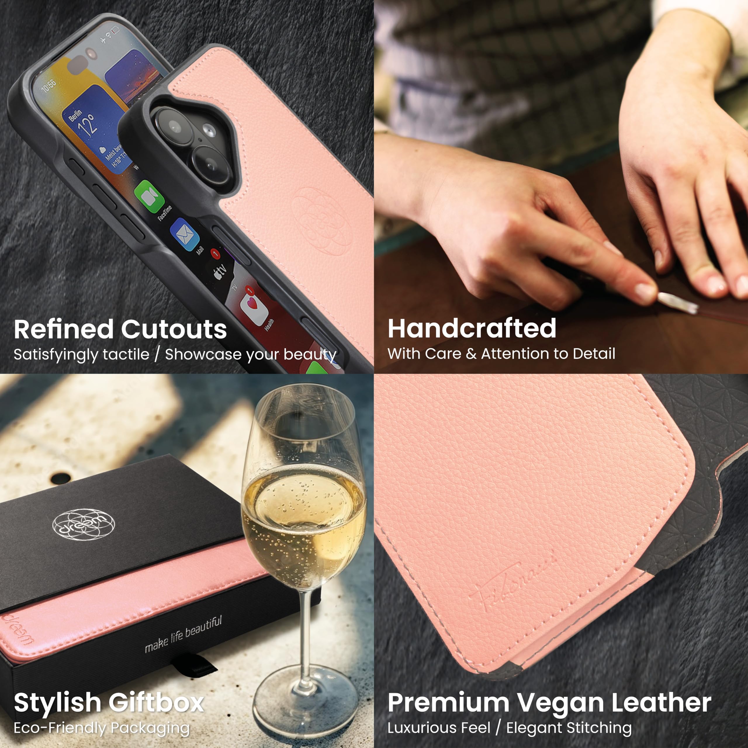 dreem Wallet Case for iPhone 17, Revolutionary Vert/Hor Phone Stand, Magnetic Detachable Vegan Leather Flip Cover RFID Blocking Card Holder, MagSafe-Fit, Gift Box [Fibonacci: Powder Pink] — view 7