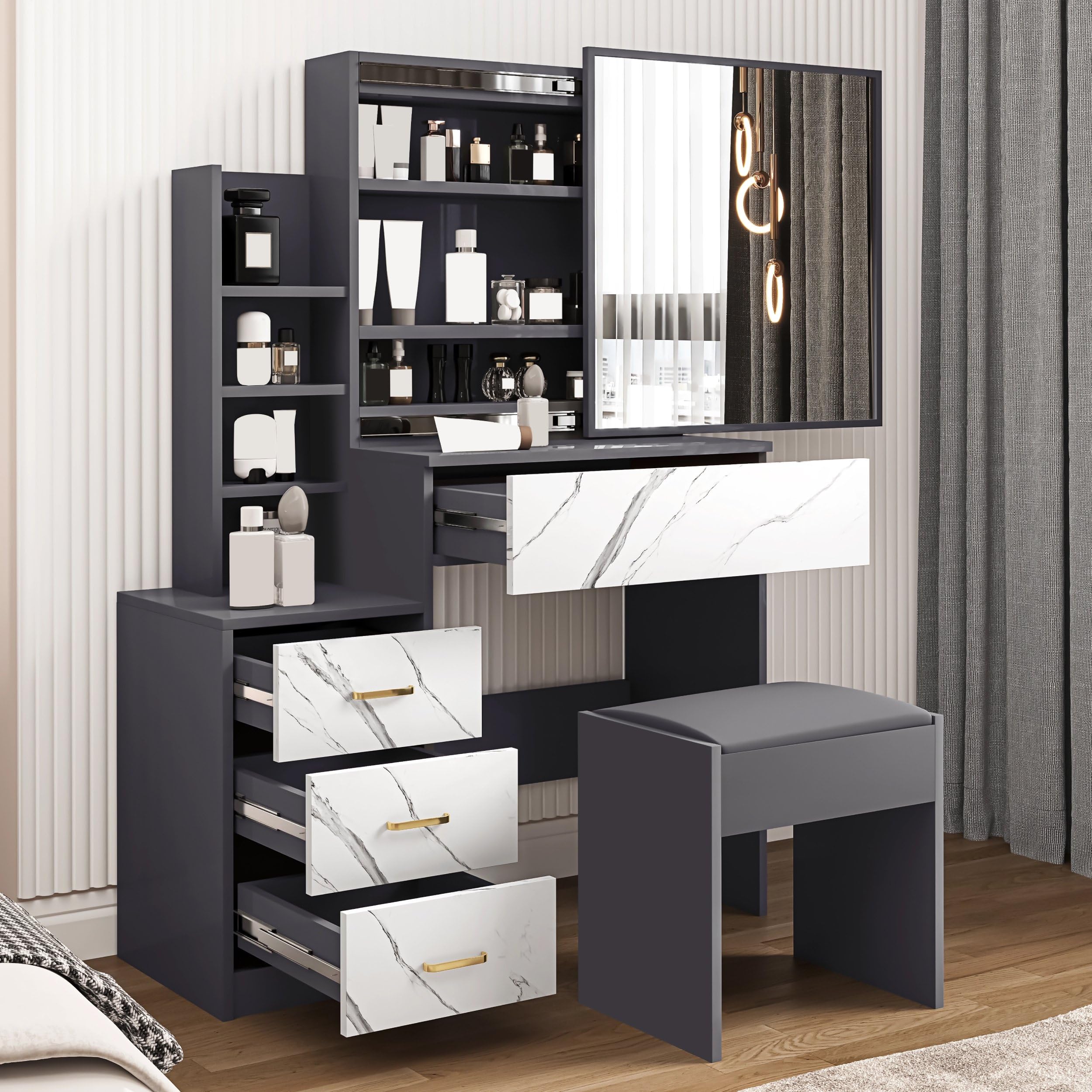 Dressing Table with Mirror and Stool, Makeup Vanity Table, 4 Drawer 3 Shelves Storage Unit Cosmetic Bedroom Dresser Make Up Desk Stool for Living Room, Bedroom Furniture, 90W x 36D x130H cm