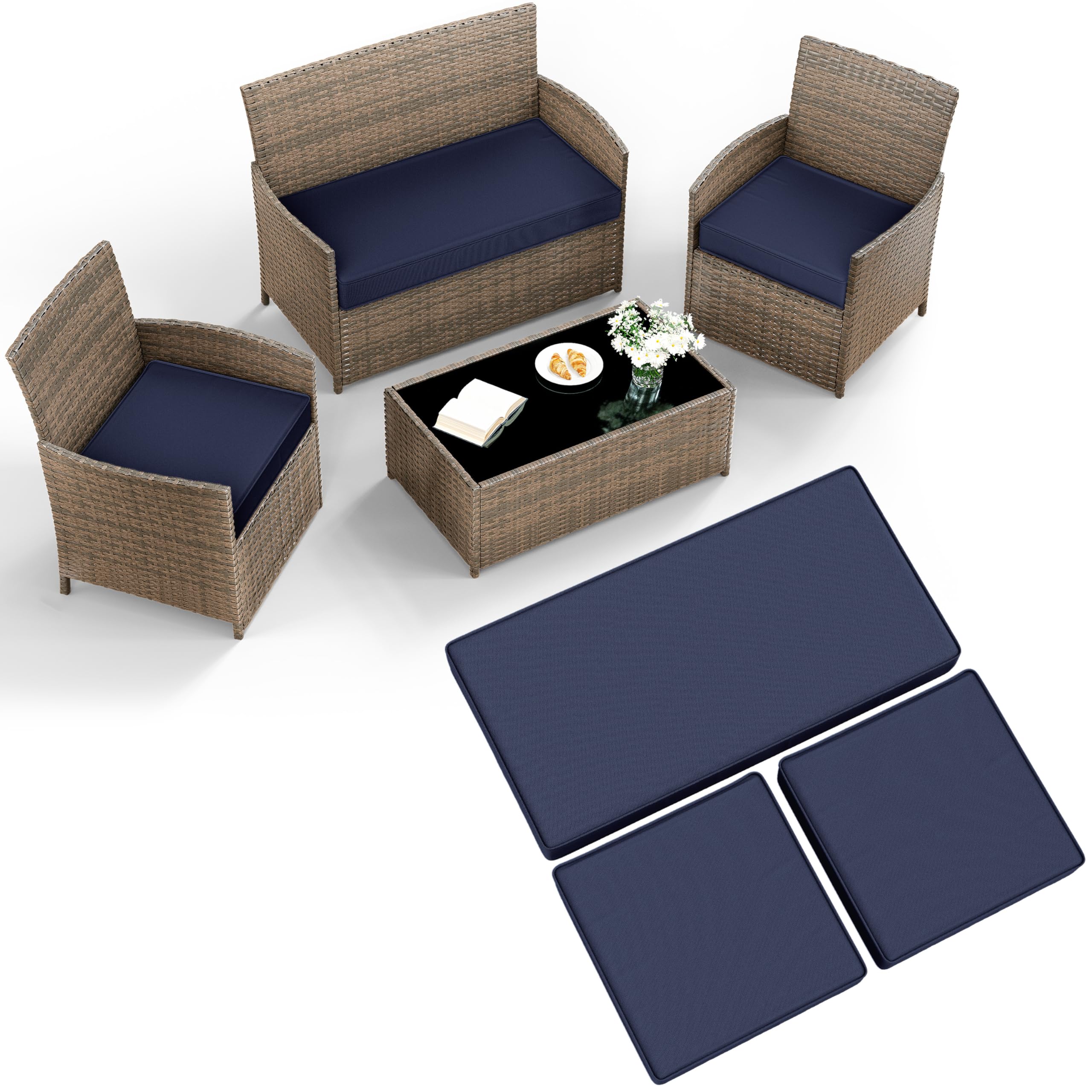 Photo 1 of 3 Pack Outdoor Patio Furniture Cushion Replacement Covers, Waterproof Loveseat Cushion Covers - 36×18×2,18×18×2, for 4-Seater Wicker Rattan Patio Conversation Set Loveseat Couch Furniture, Cover Only