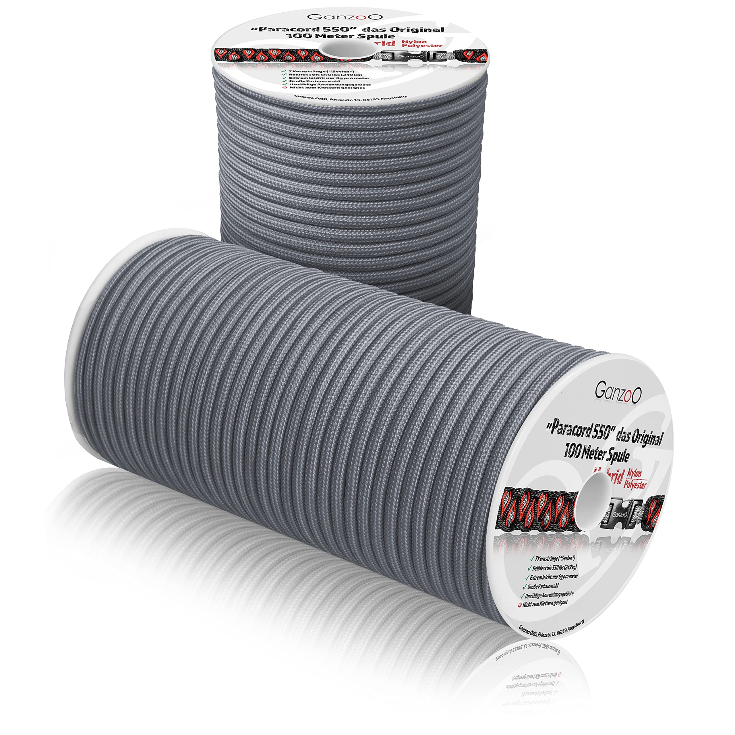 Ganzoo Paracord 550 4 mm Tipo 3, Cuerda Trenzada híbrida de Nylon poliéster Color Gris Acero, Rollo 100 m, 32 hebras Exteriores y 7 Interiores, para Pulseras, Bricolaje y Accesorios Outdoor