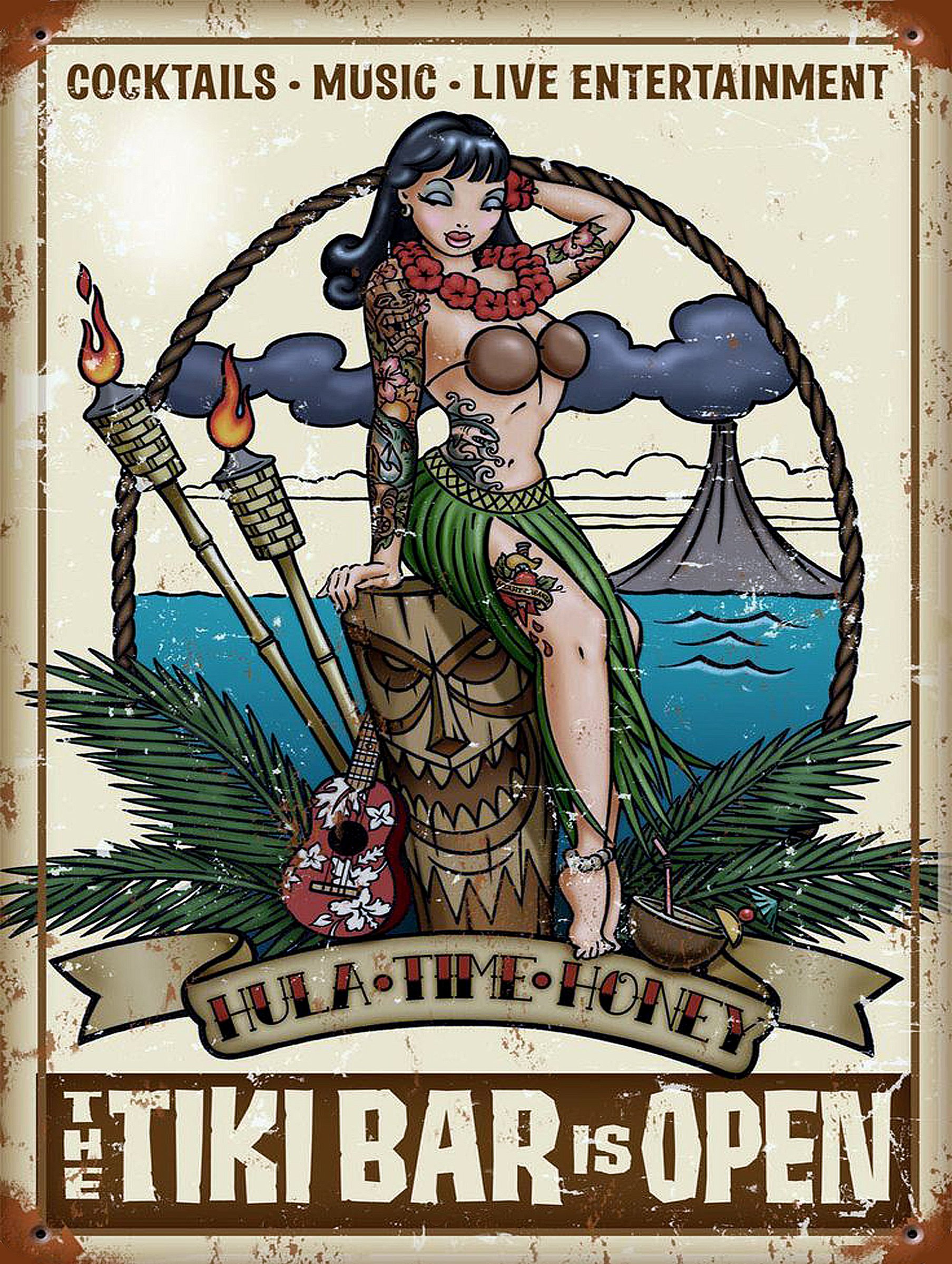 Shawprint Limited Mixed Shawprint Tiki Bar Open Cocktail Metal Tin Plaque Advertising Wall Sign Retro Art Pub Bar Club Man Cave (10" X 8")
