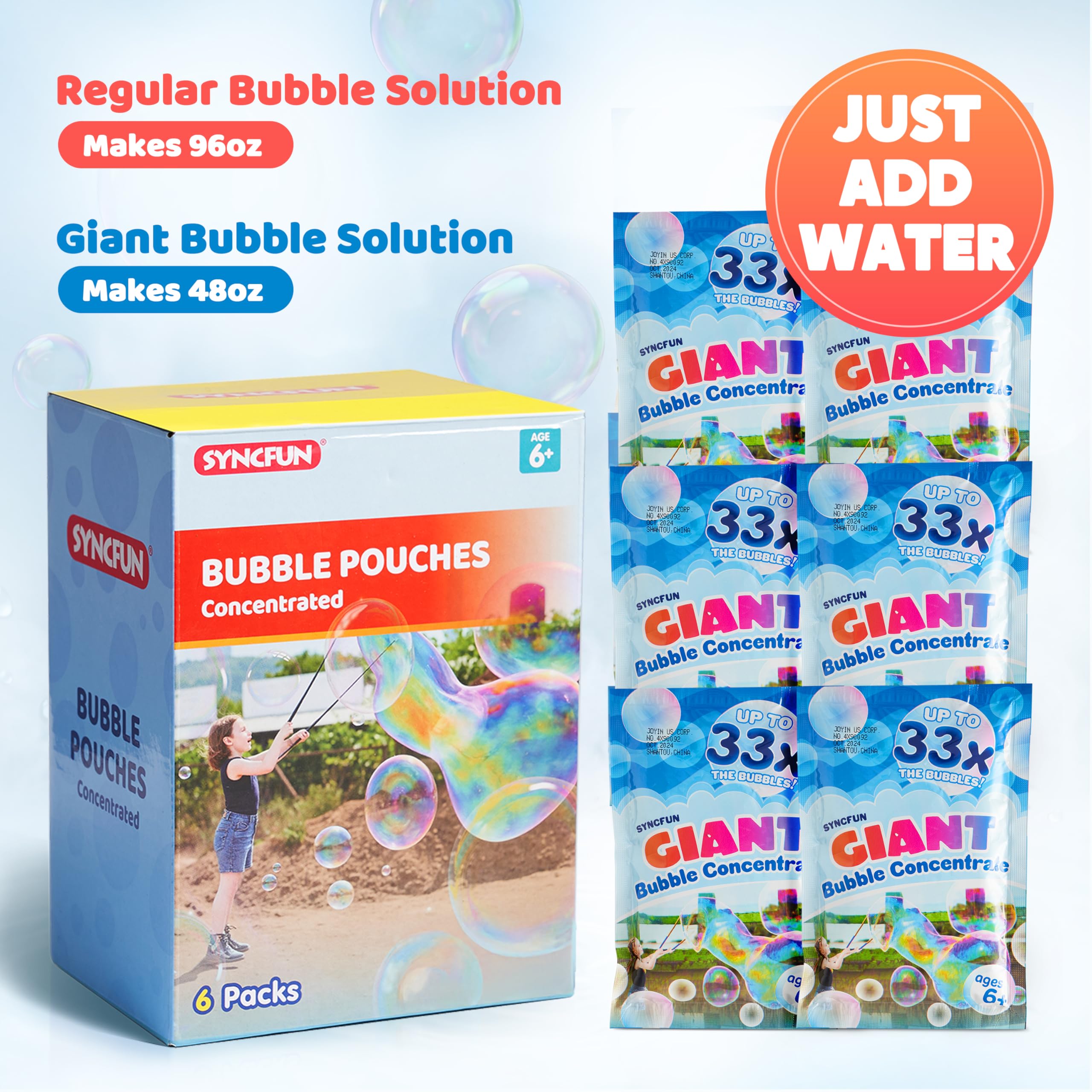 SYNCFUN 6 Paquetes de Solución Concentrada de Burbujas Gigantes (hasta 4,5 Galones), 6 Bolsas de Recambio de Solución para Máquina de Burbujas, Varitas, Soplador, Pascua, Actividad al Aire Libre
