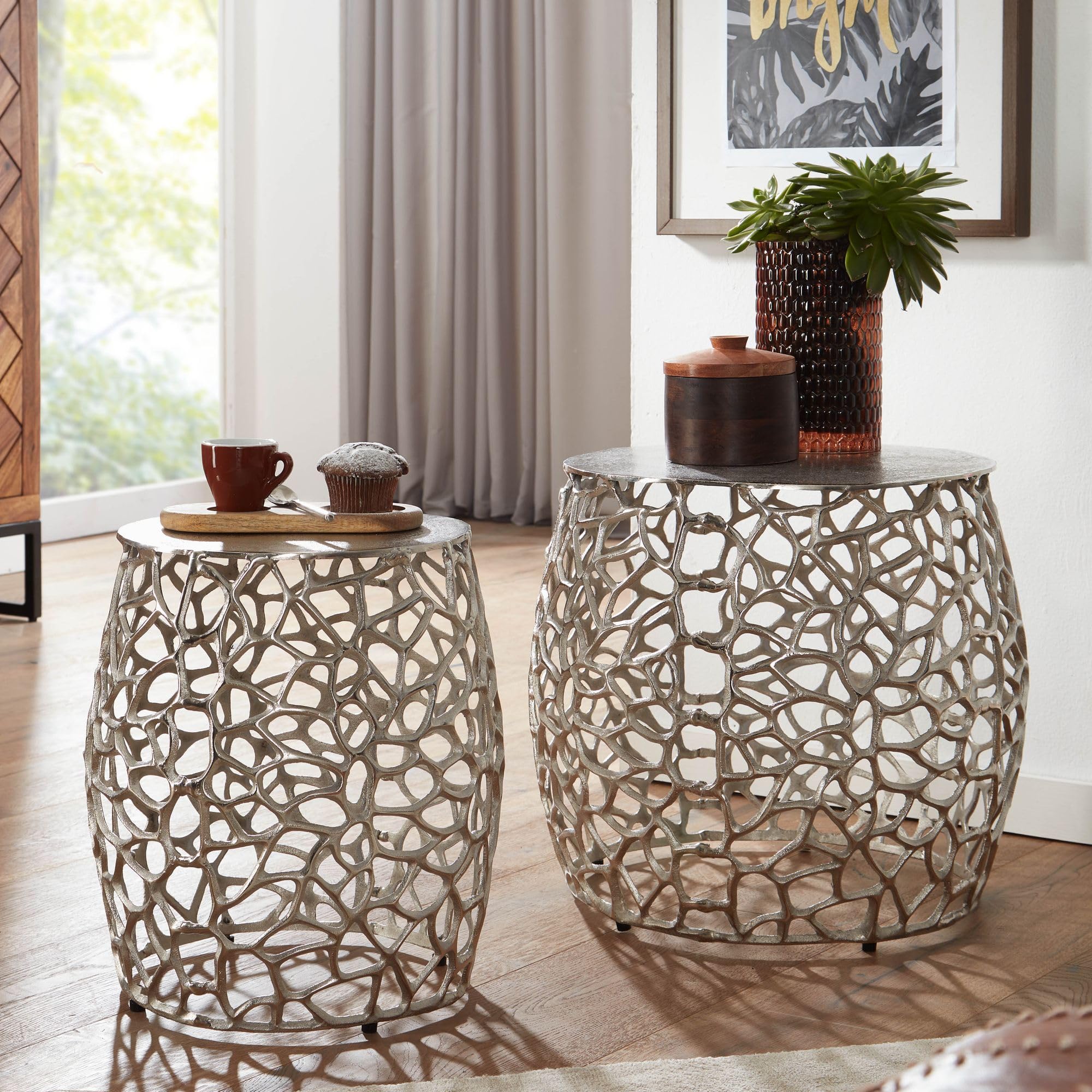 FineBuy Tavolini da Soggiorno Alluminio Tavoli per Salotto Argento | Set di 2 Tavolino Basso Moderno | Tavolinetti da caffè Rotondi
