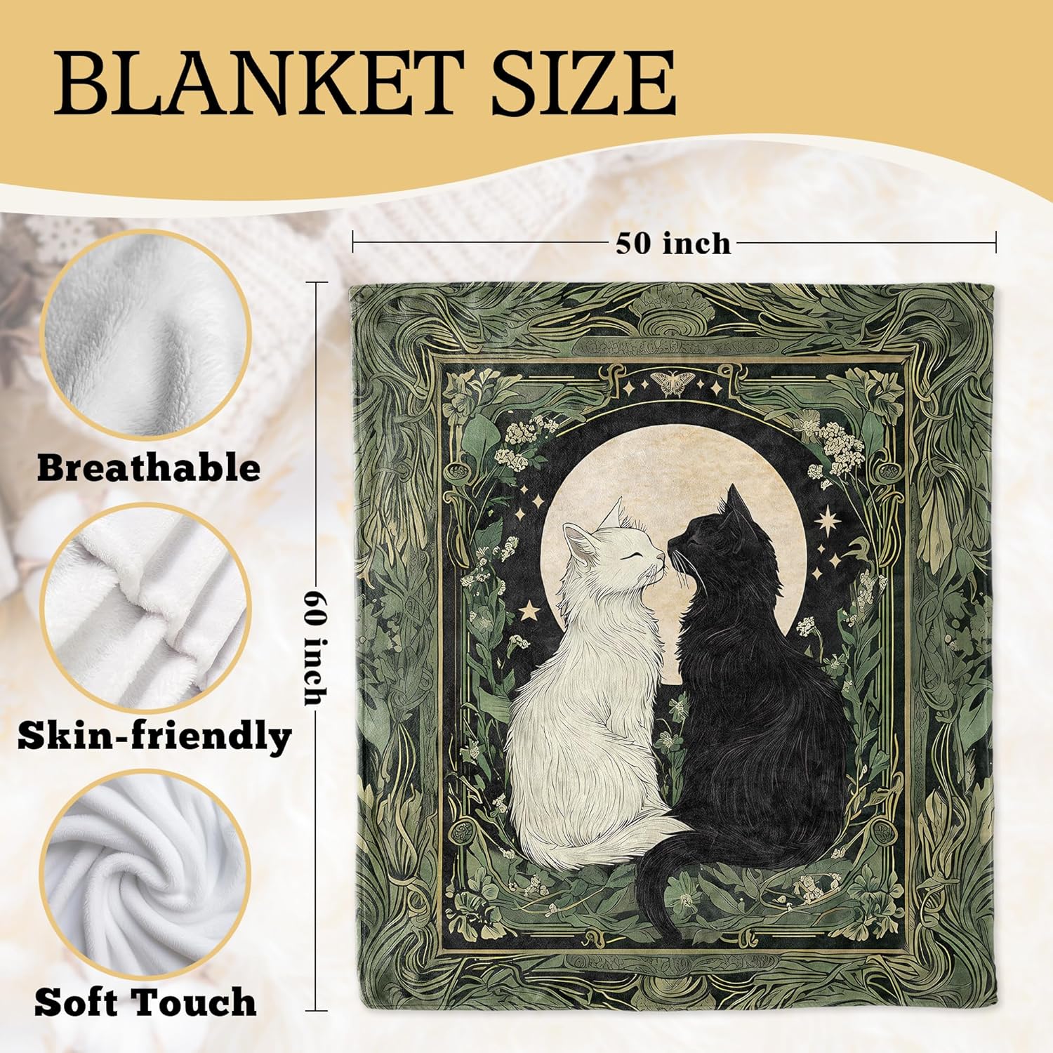 Cat Blanket, Cottagecore Floral Botanical Tarot Card Moon Black Cat Throw Blankets Gifts for Bed Couch Bedroom Living Room Decor, Pet Lover Gifts for Women, 50x60 Inches - Image 7