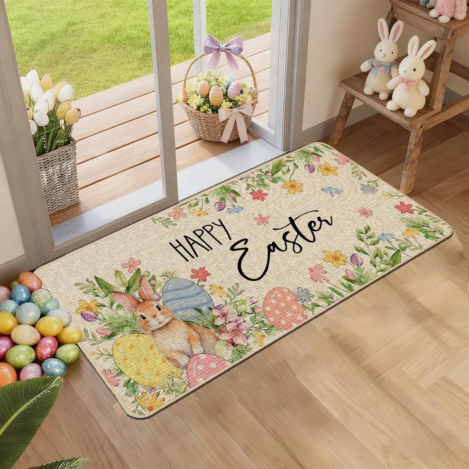 Baccessor Happy Easter Doormat 17x36 inch, Large Bunny Colorful Eggs Floral Rabbit Welcome Door Mat Rug for Floor Non Slip Rubber Backing Seasonal Holiday Decor for Indoor Outdoor