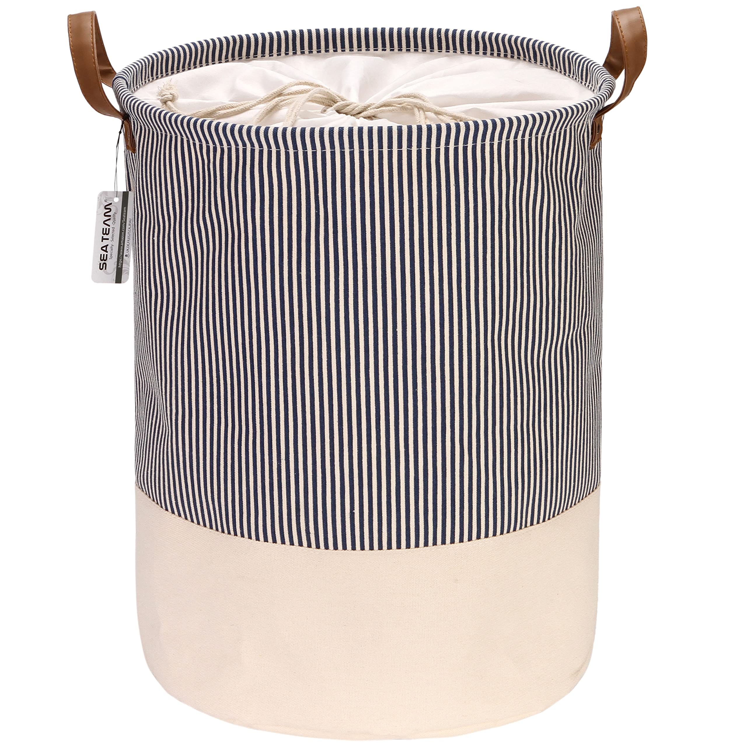 Sea Team Stripe Pattern Laundry Hamper Canvas Fabric Laundry Basket Collapsible Storage Bin with PU Leather Handles and Drawstring Closure, 17.7 by 13.8 inches, Waterproof Inner, Navy โ image 1