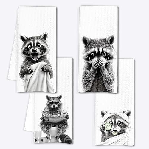 INDAJEDN Raccoon Gifts Hand Towels for Bathroom Set of 4, Cute Raccoon Bathroom 