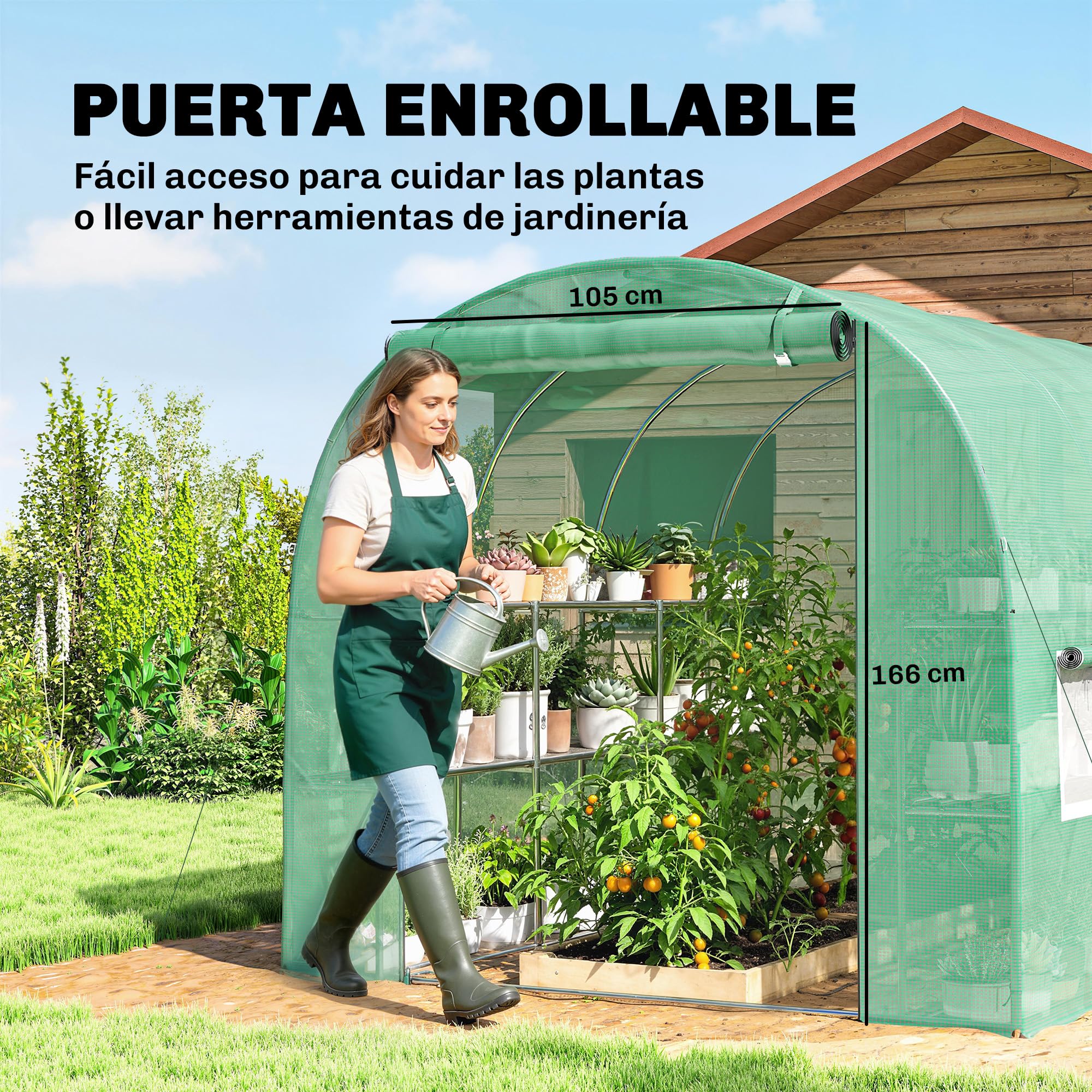 Outsunny Invernadero de Exterior 2,8x2x1,9 m con Estantes, Invernadero de Túnel con Puerta Enrollable, 6 Ventanas de Malla, Cubierta PE y Marco de Acero Galvanizado, Anti-UV, Impermeable, Verde