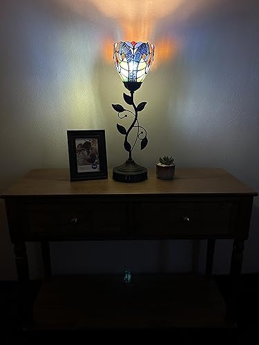 Miniatura 3 de Tiffany - Mini lámpara de mesa con antorcha verde y azul, hojas de metal, base de bronce, incluye bombilla LED, puertos USB para sala de estar,