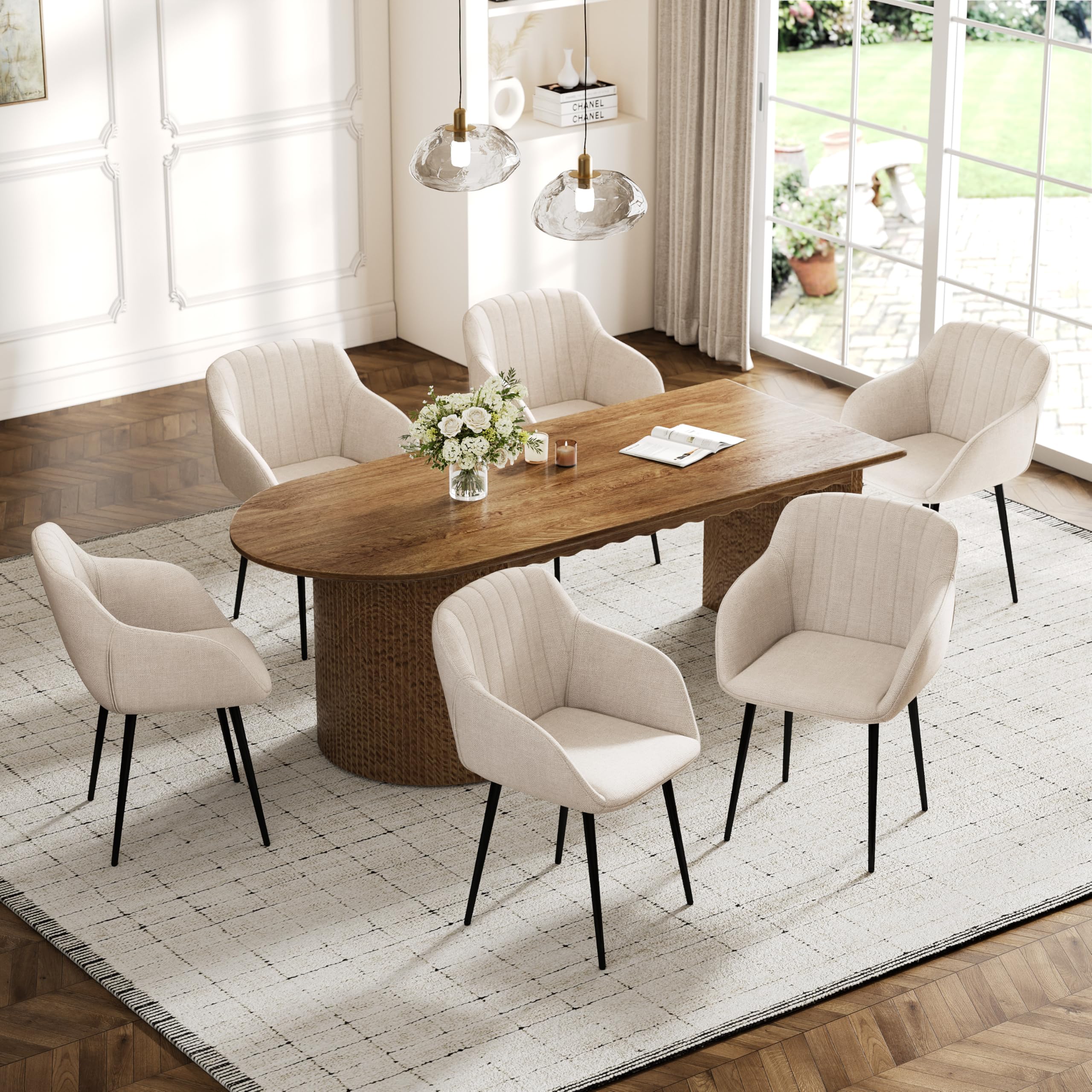 Lot de 6 Chaises Salle à Manger Beige avec Accoudoirs, Fauteuil Rembourré en Lin Pieds Métal